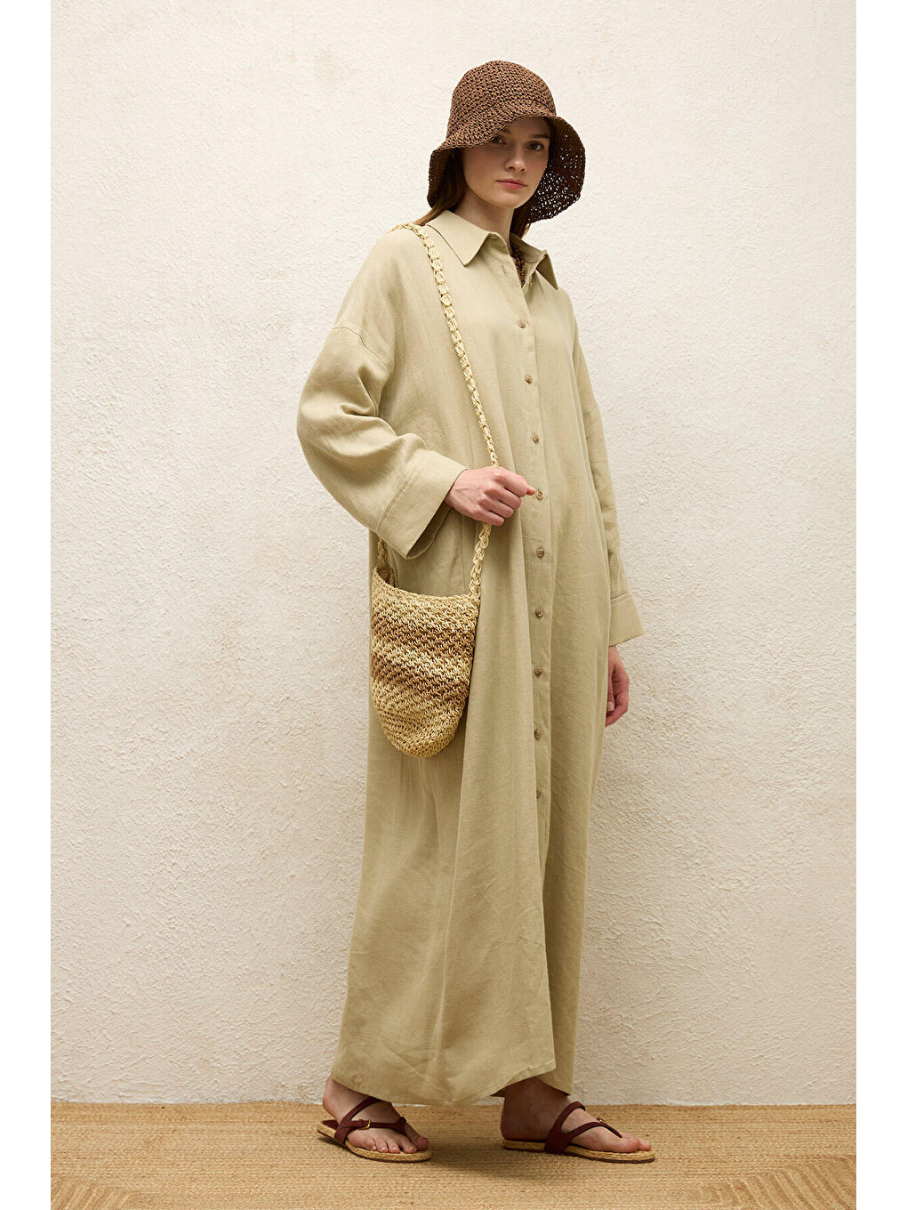 Çizgili Hasır Mini Çanta Bej-5