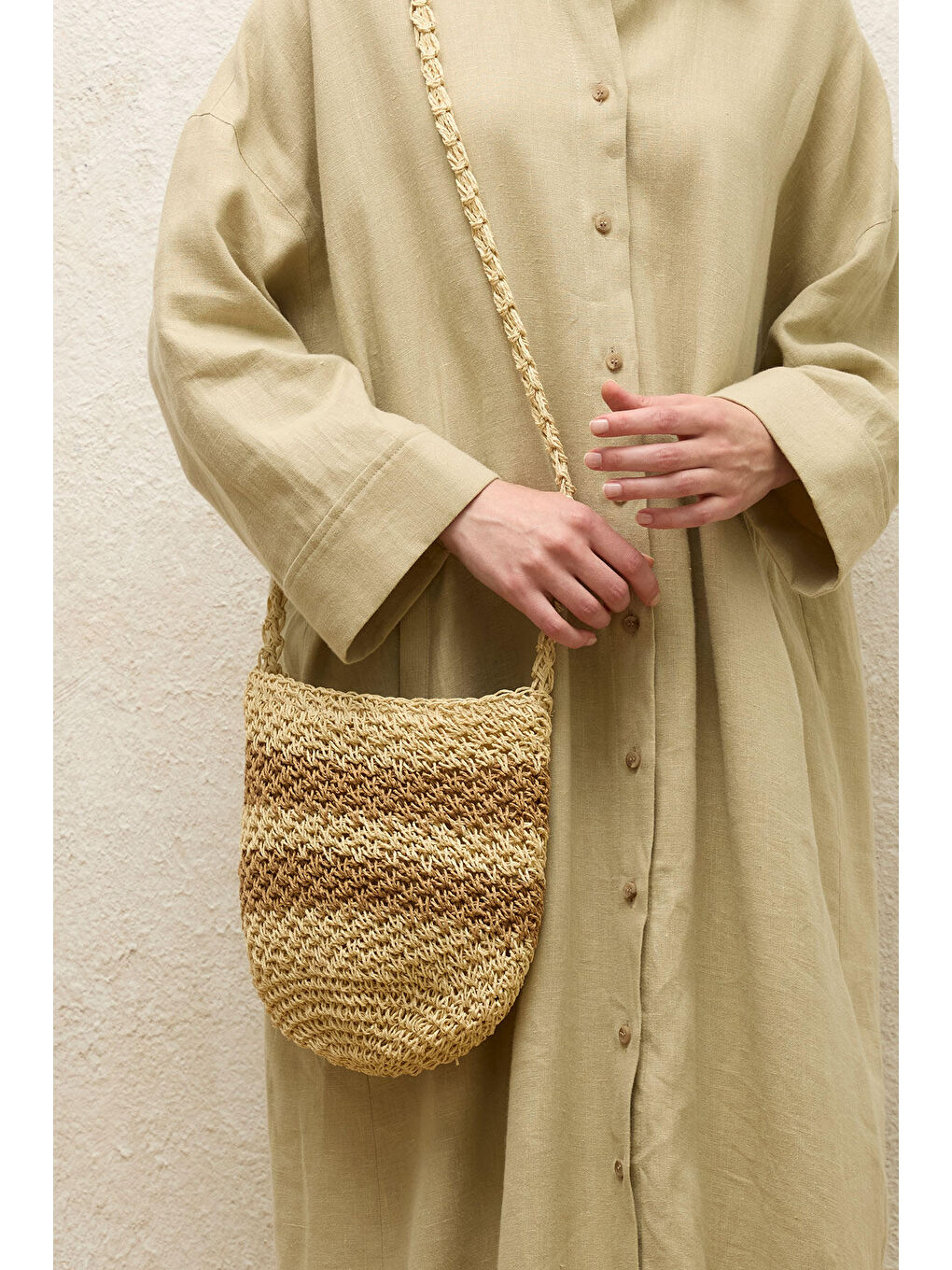 Çizgili Hasır Mini Çanta Bej-6