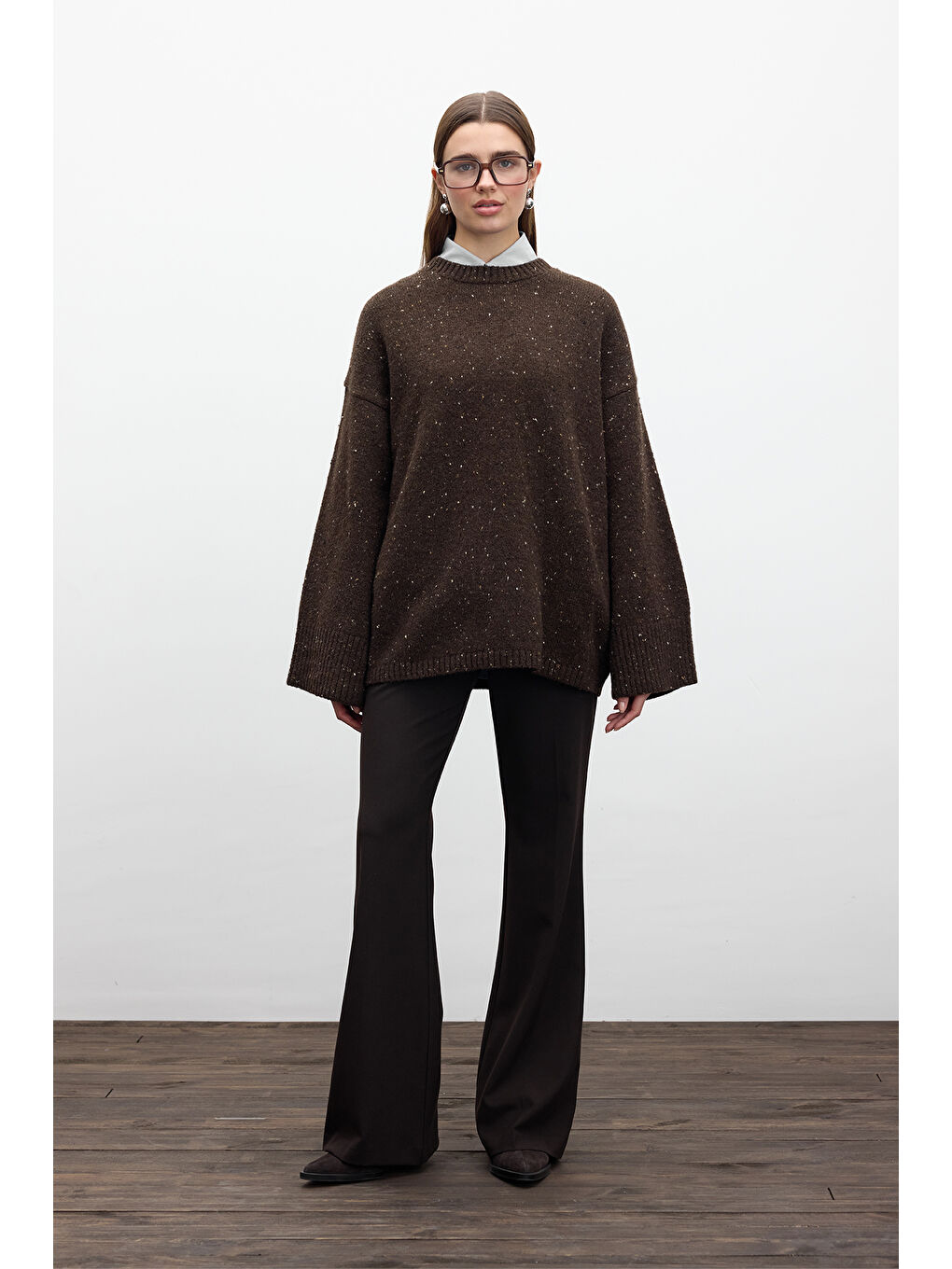 Geniş Kol Triko Kazak Kahverengi-2