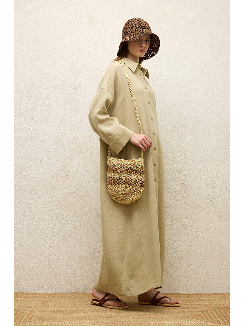 Çizgili Hasır Mini Çanta Bej-7