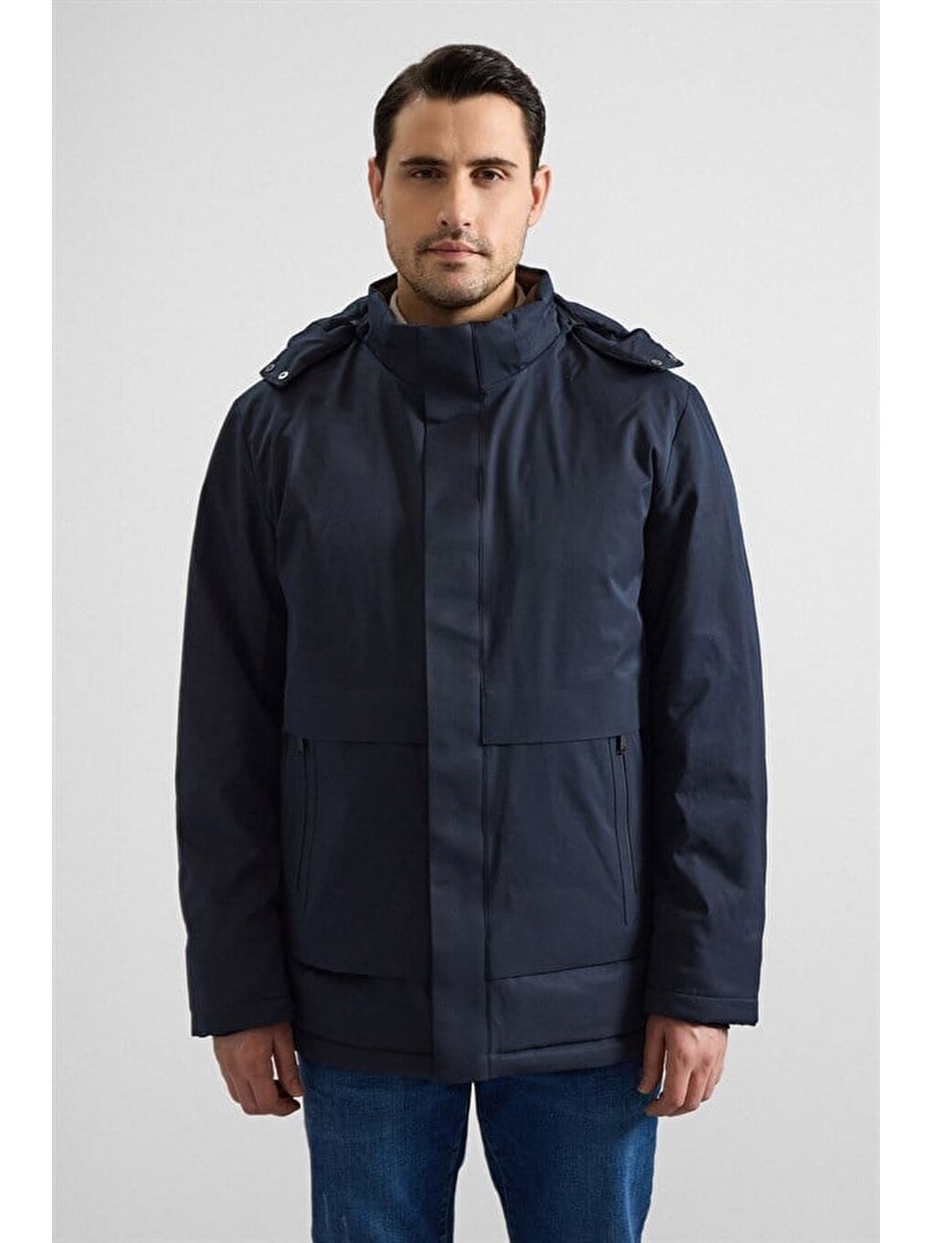 Lacivert Slim Yarım Balıkçı Yaka Baklava Yan Cepli Fermuar Elyaf Dolgulu Standart Mont