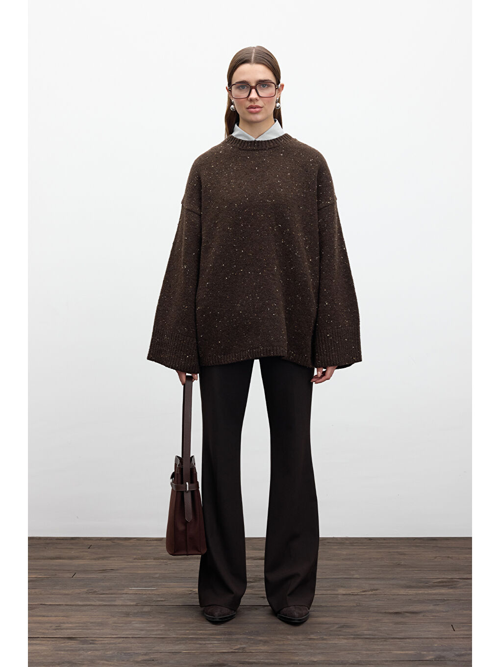 Geniş Kol Triko Kazak Kahverengi-3