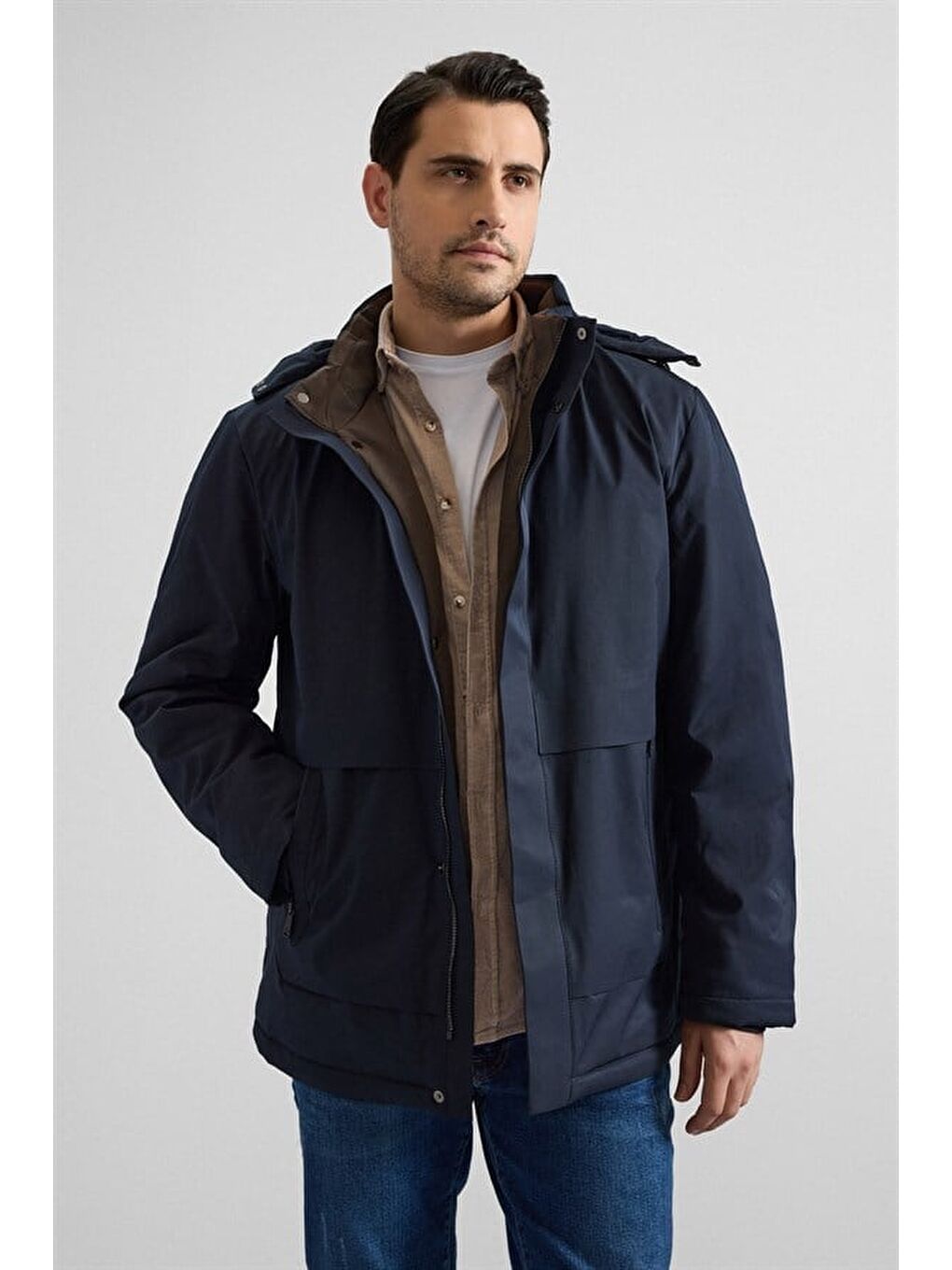 Lacivert Slim Yarım Balıkçı Yaka Baklava Yan Cepli Fermuar Elyaf Dolgulu Standart Mont-1