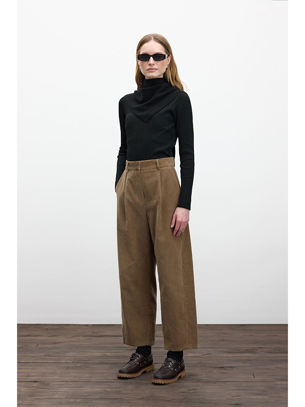 Kahverengi Fitilli Kadife Baggy Pantolon Camel-4