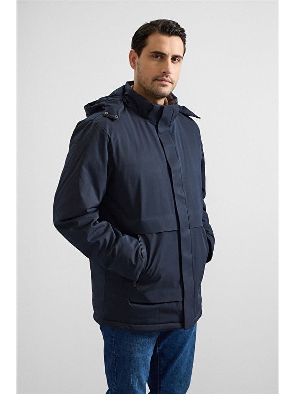 Lacivert Slim Yarım Balıkçı Yaka Baklava Yan Cepli Fermuar Elyaf Dolgulu Standart Mont-4