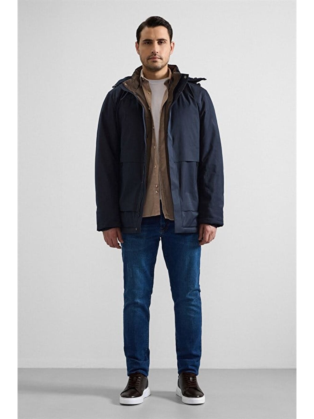 Lacivert Slim Yarım Balıkçı Yaka Baklava Yan Cepli Fermuar Elyaf Dolgulu Standart Mont-5