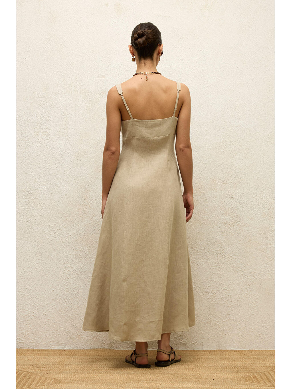 Bej Yırtmaçlı Keten Elbise Kum-7