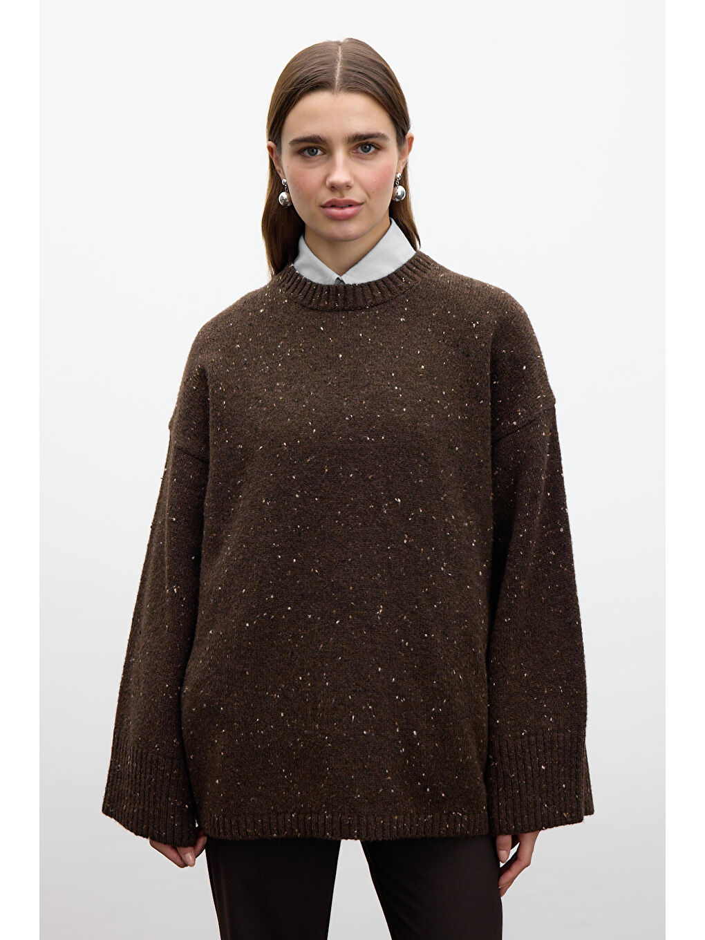 Geniş Kol Triko Kazak Kahverengi-4