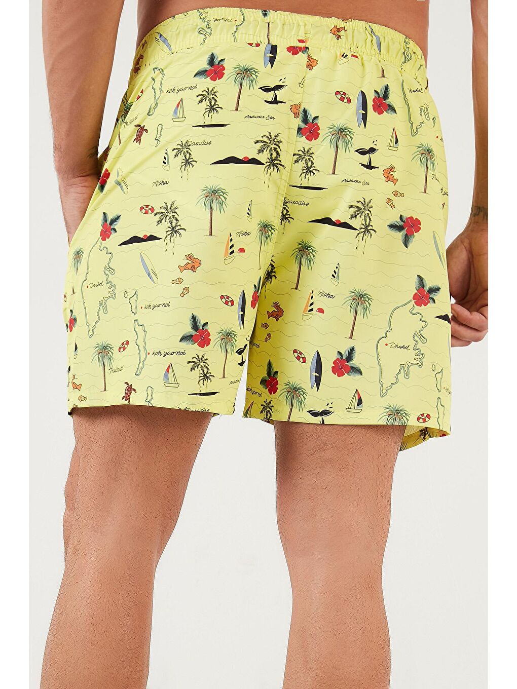 Sarı Desenli Deniz Şortu Belden Bağlamalı Cepli Mayo Short 3800558-2