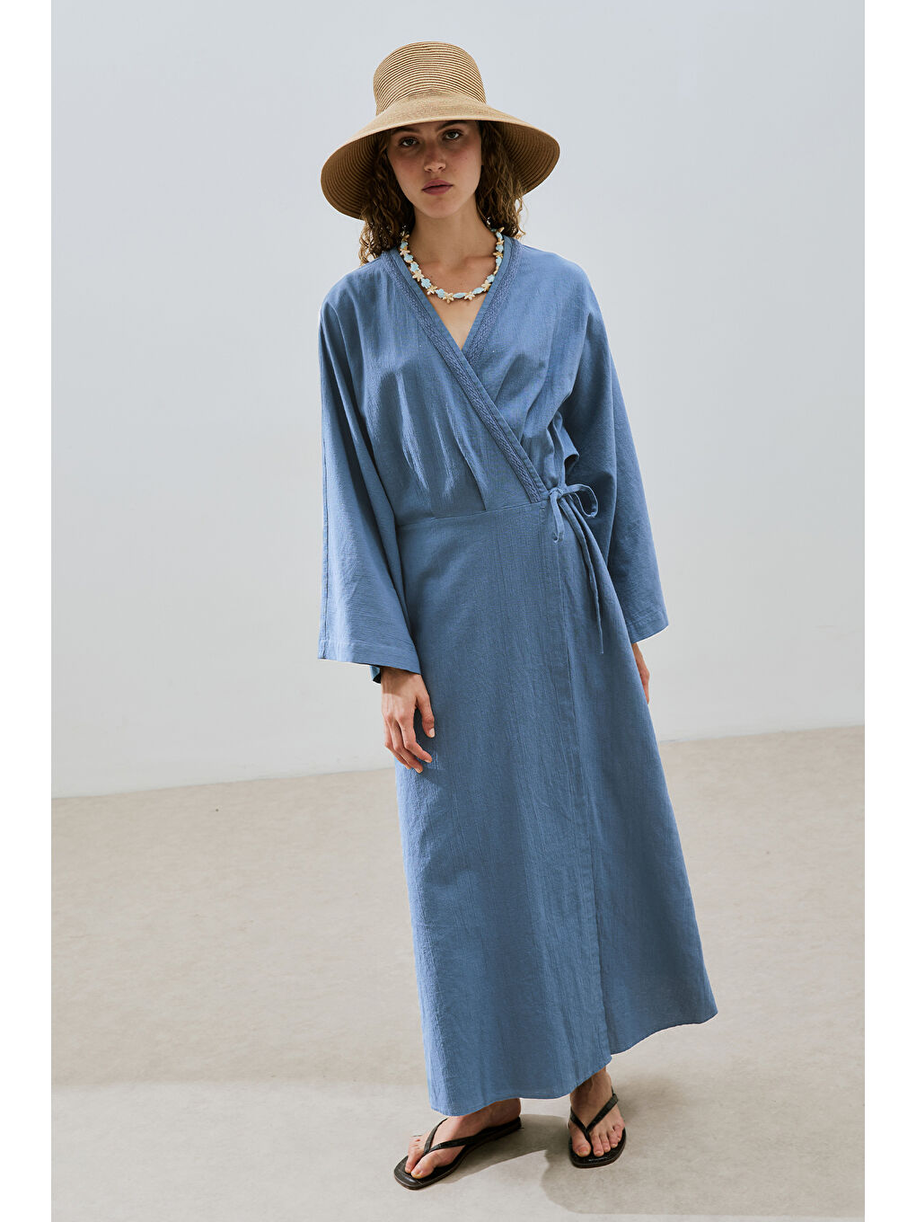 Dokulu Kruvaze Kapamalı Elbise İndigo-1