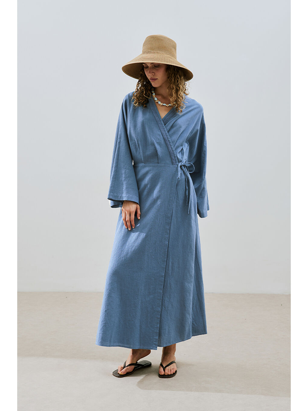 Dokulu Kruvaze Kapamalı Elbise İndigo-3