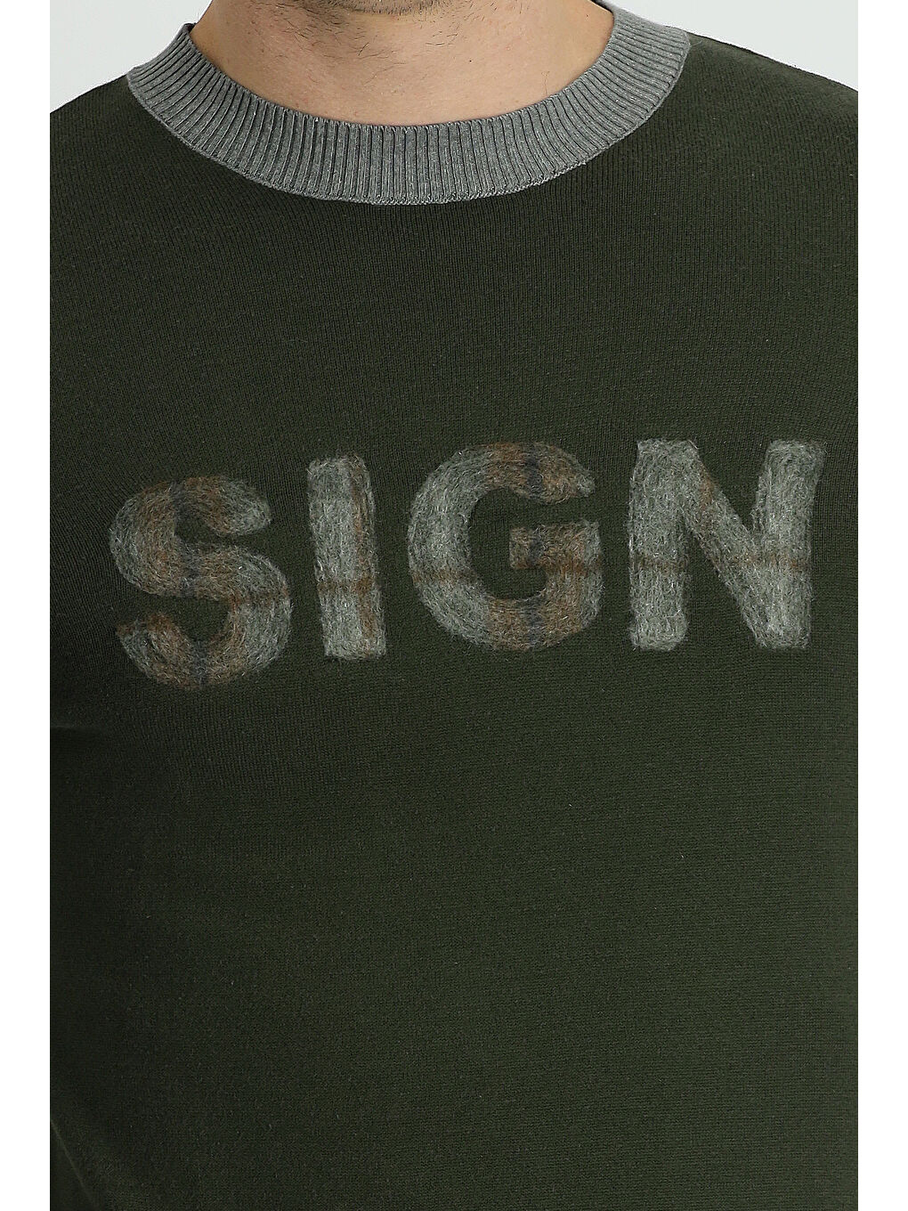 Haki Bisiklet Yaka Slim Fit Dar Kesim Desenli Pamuklu Triko Kazak-3