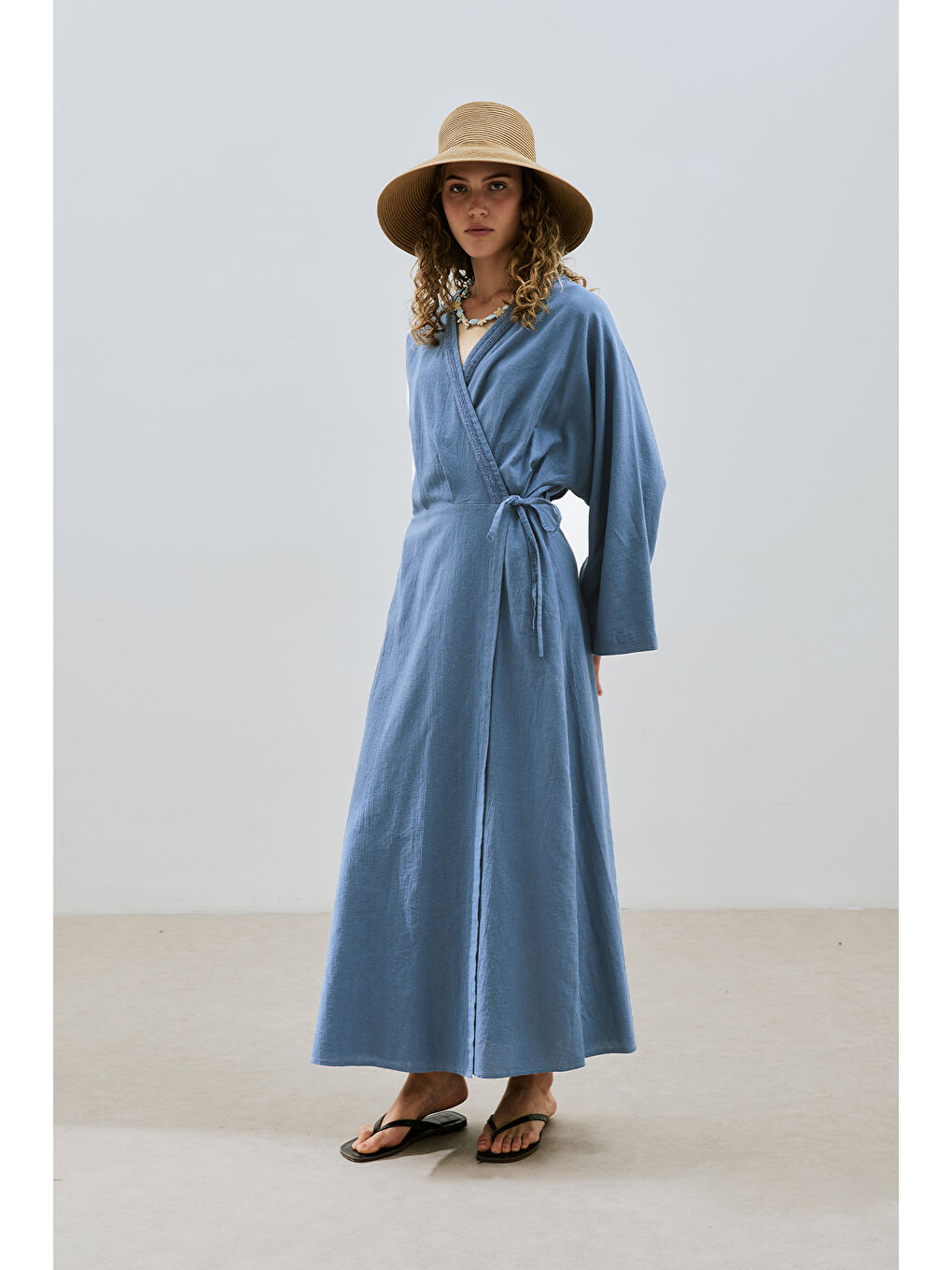 Dokulu Kruvaze Kapamalı Elbise İndigo-4