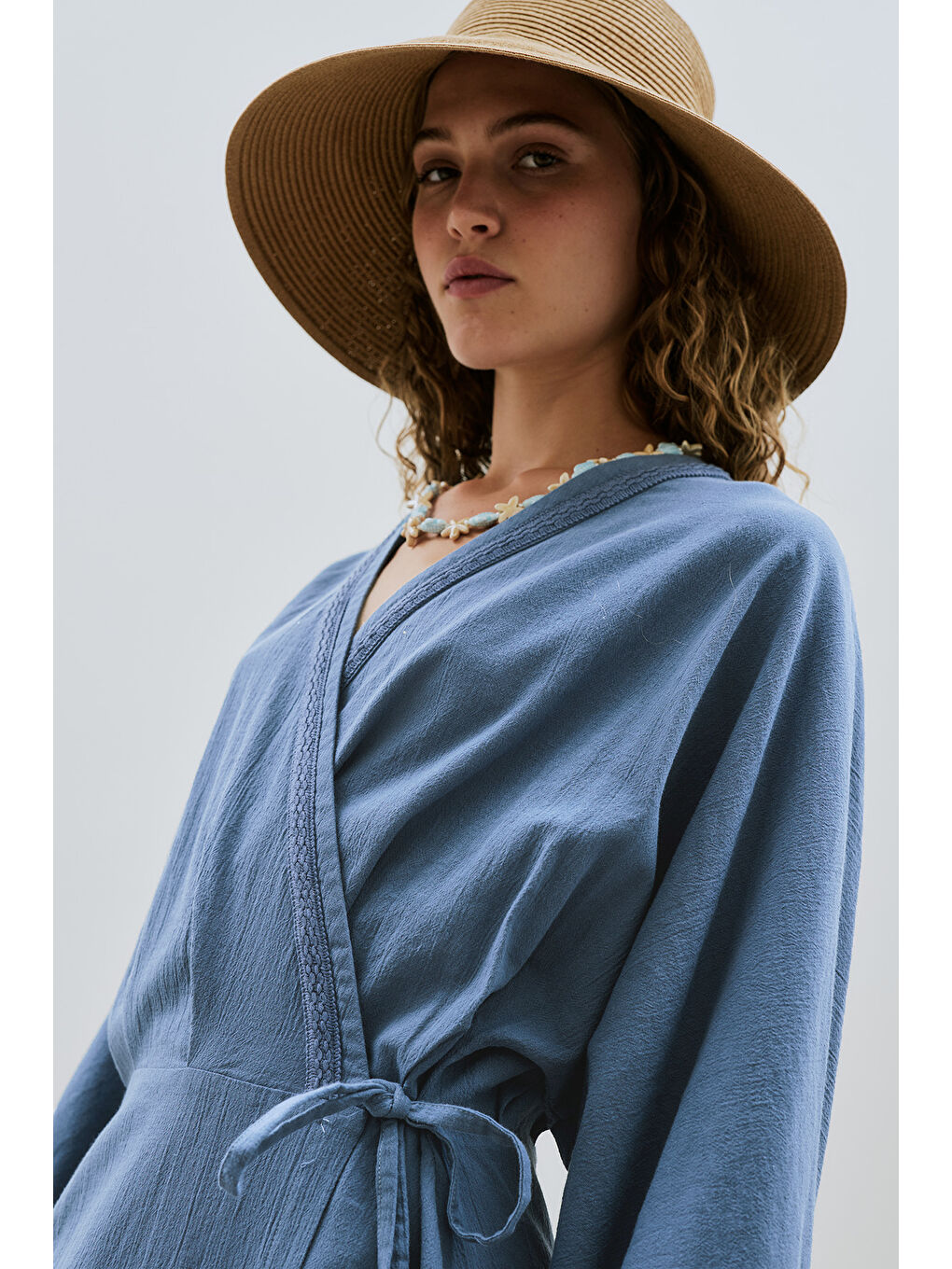 Dokulu Kruvaze Kapamalı Elbise İndigo-6