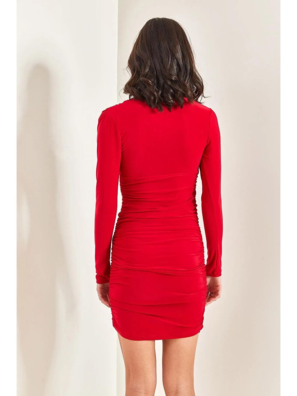 Kırmızı Kadın Yaka Dantelli Büzgülü Candy Kumaş Elbise-3