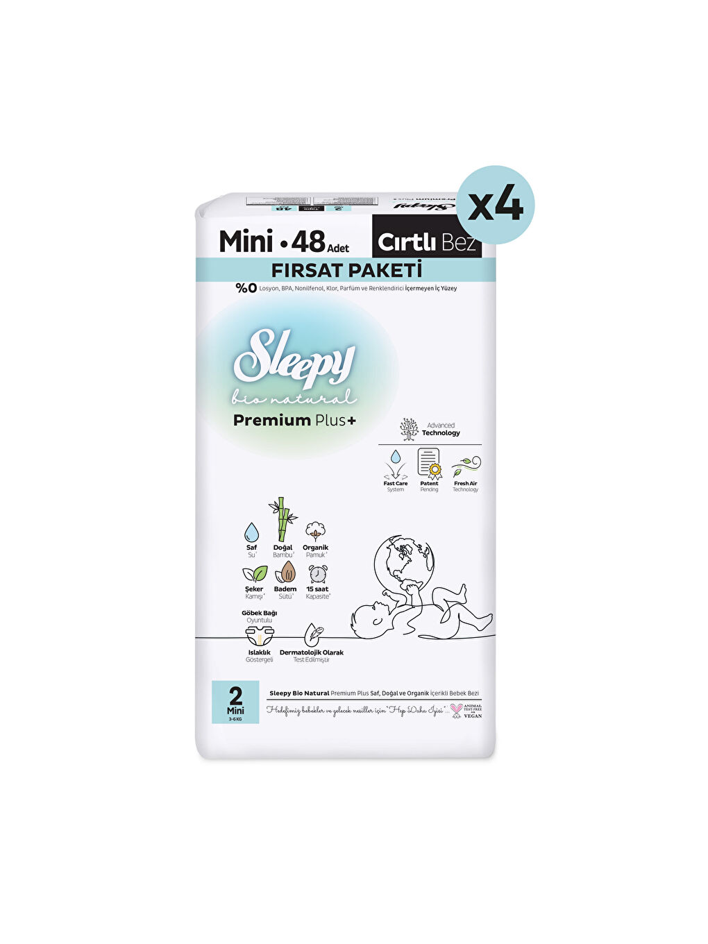 Bio Natural Premium Plus Fırsat Paketi Bebek Bezi 2 Numara Mini 192 Adet-1