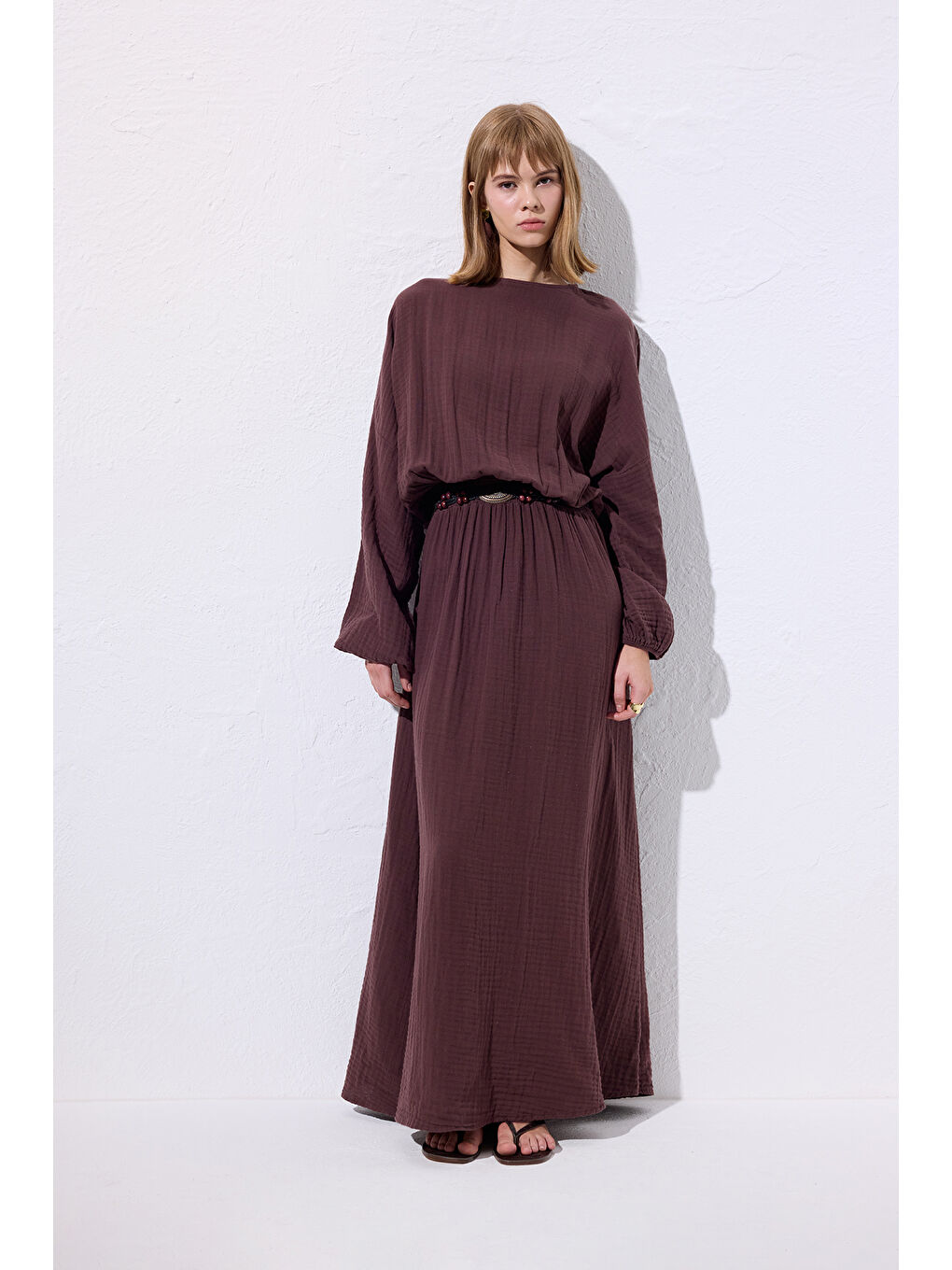 Müslin Beli Büzgülü Elbise Mürdüm-1