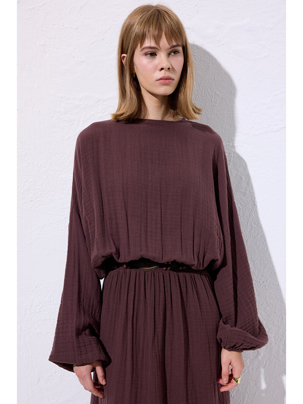 Müslin Beli Büzgülü Elbise Mürdüm-2