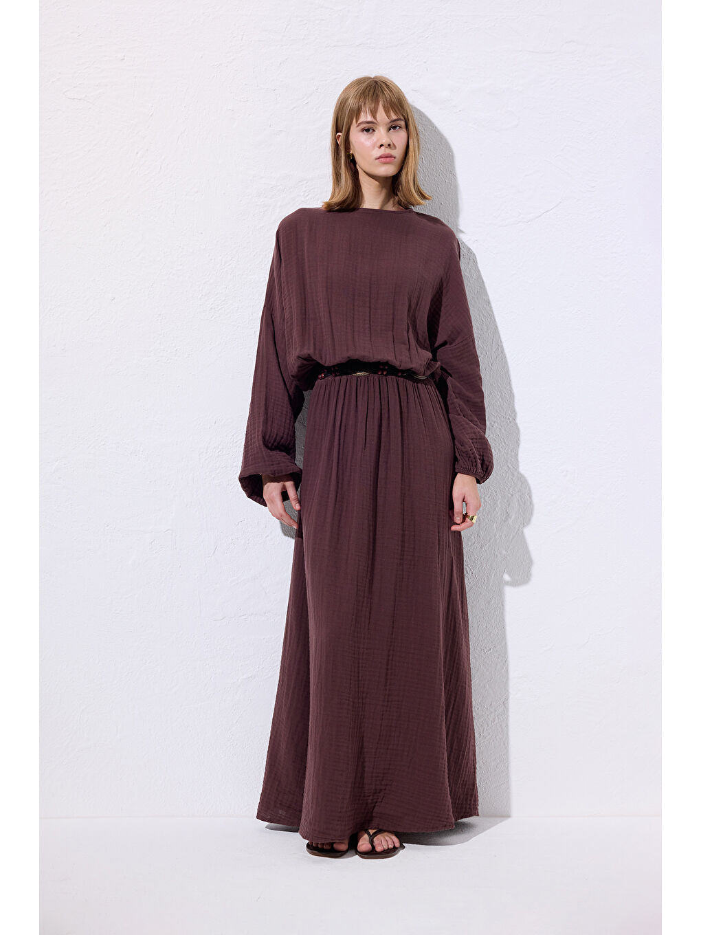 Müslin Beli Büzgülü Elbise Mürdüm-3