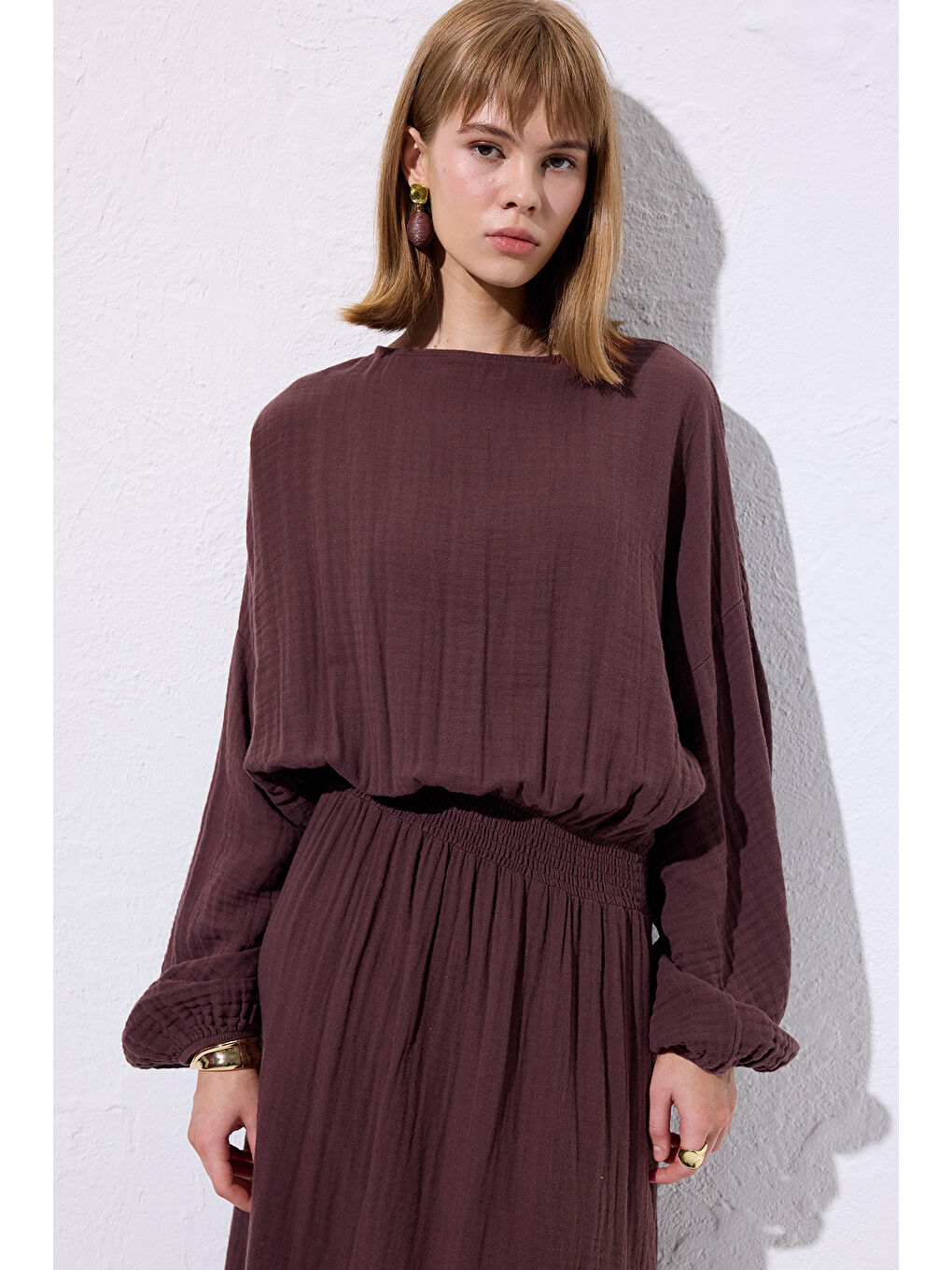 Müslin Beli Büzgülü Elbise Mürdüm-4