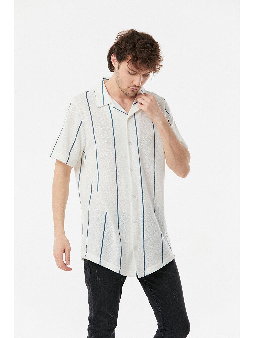 İndigo Çizgili Salaş Gömlek