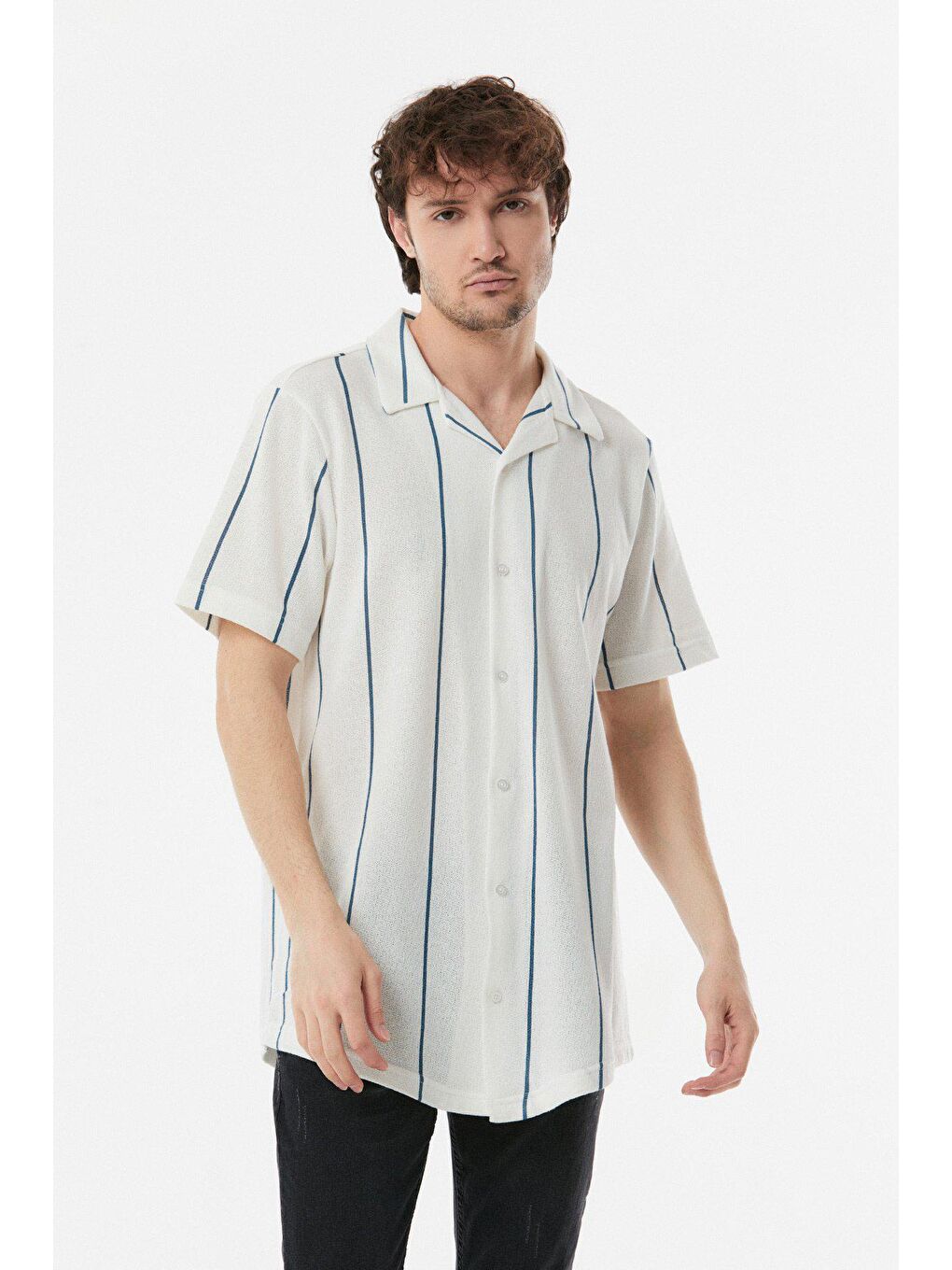 İndigo Çizgili Salaş Gömlek-1