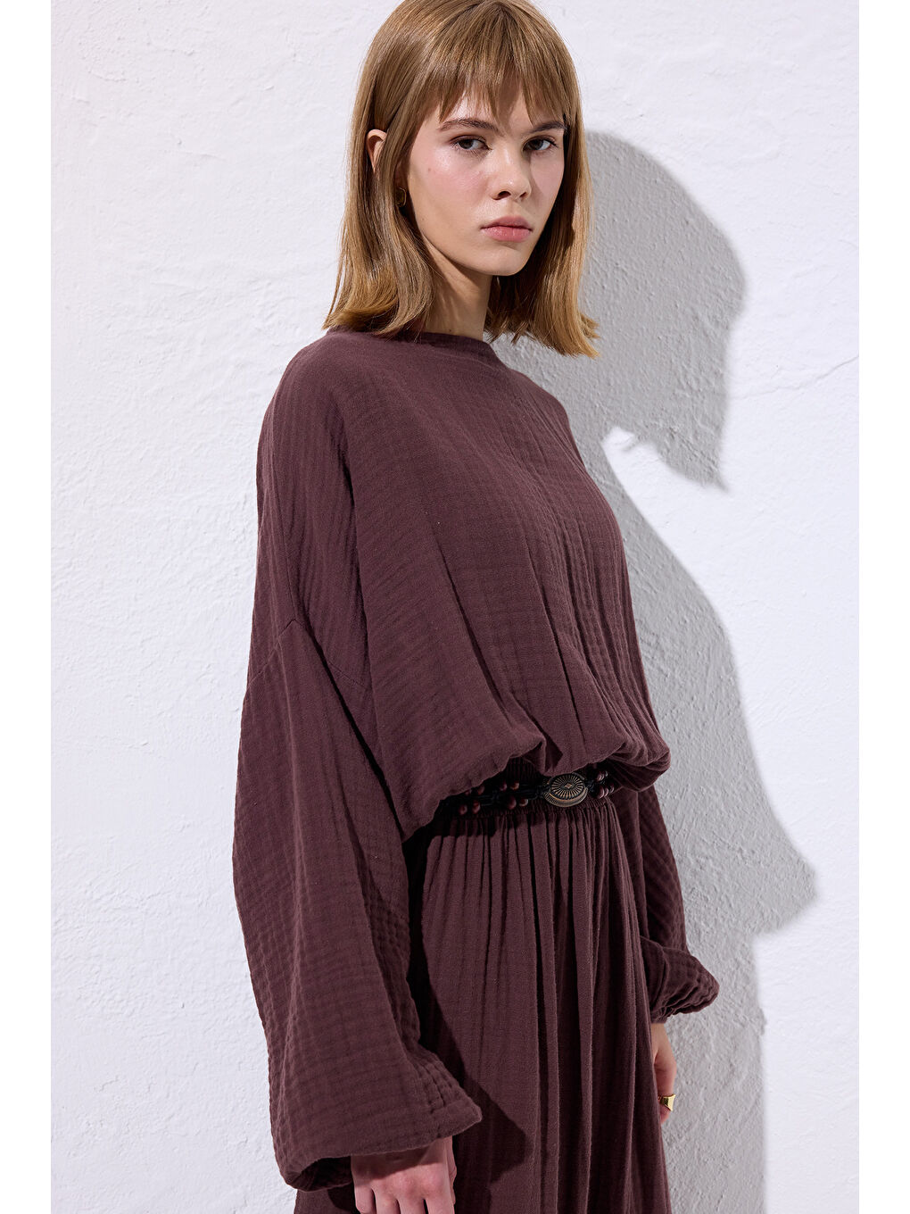 Müslin Beli Büzgülü Elbise Mürdüm-5