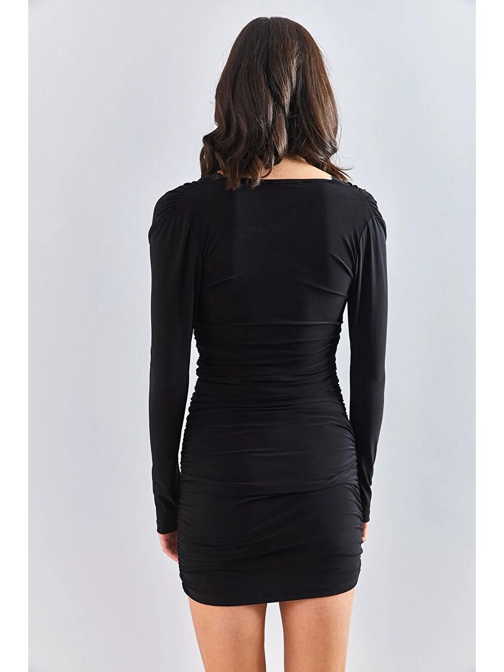 Siyah Kadın Yaka Dantelli Büzgülü Candy Kumaş Elbise-3