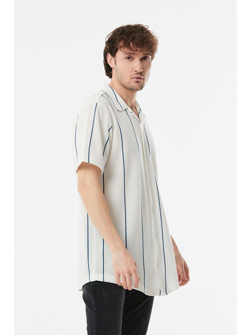 İndigo Çizgili Salaş Gömlek-2