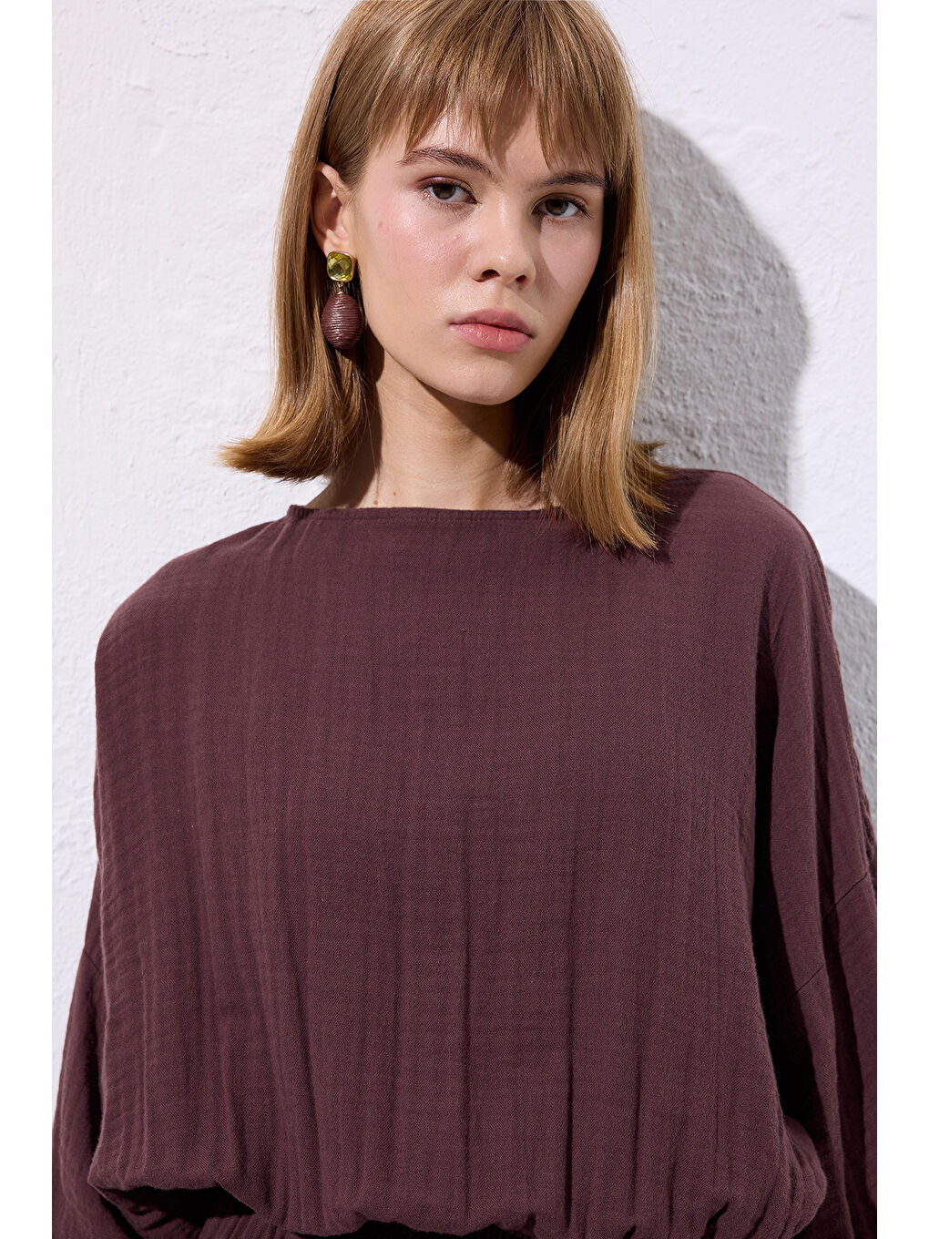 Müslin Beli Büzgülü Elbise Mürdüm-6