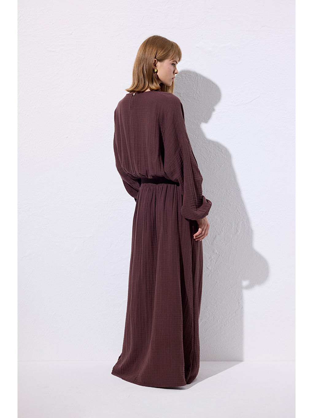 Müslin Beli Büzgülü Elbise Mürdüm-7