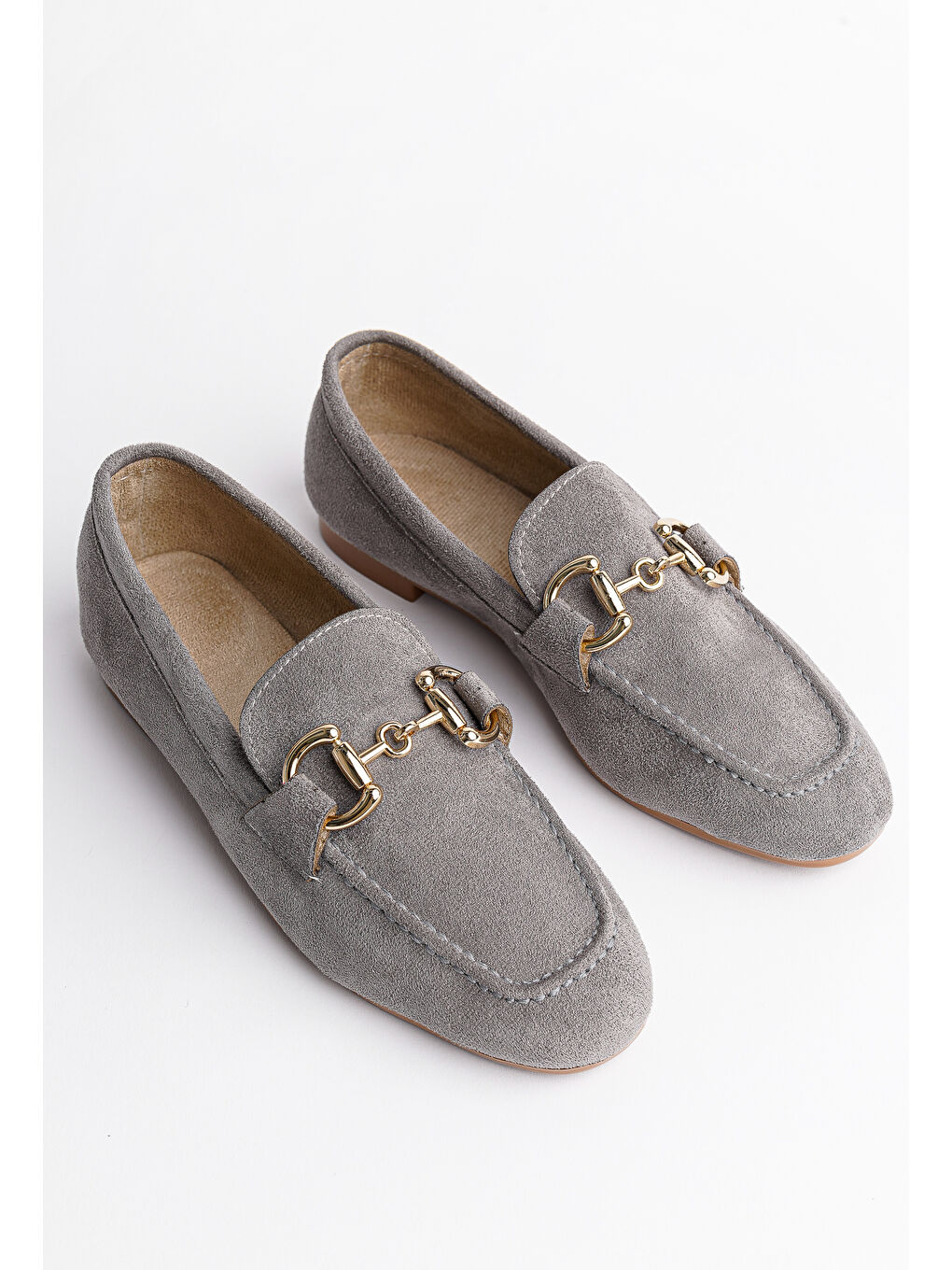 Gri MONA Metal Tokalı Deri Kadın Loafer Günlük Ayakkabı-5