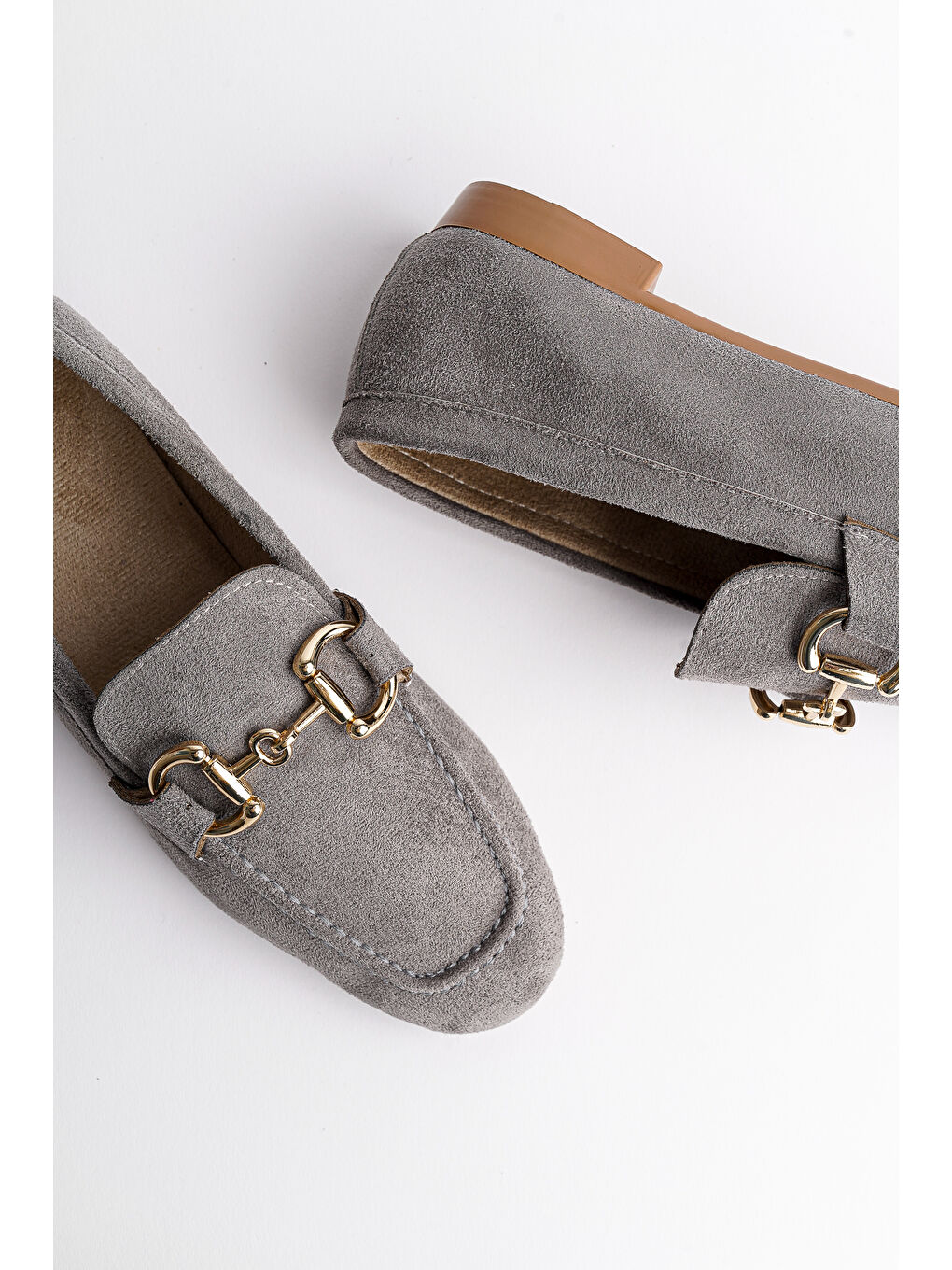 Gri MONA Metal Tokalı Deri Kadın Loafer Günlük Ayakkabı-6