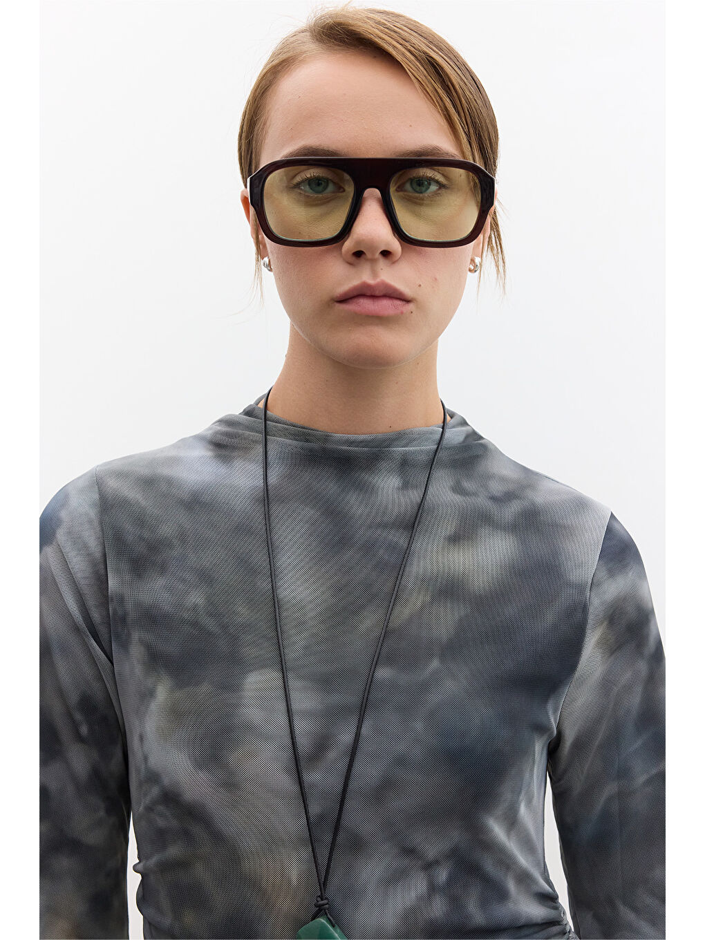 Desenli Geniş Kol Tül Elbise Batik Yeşil-3