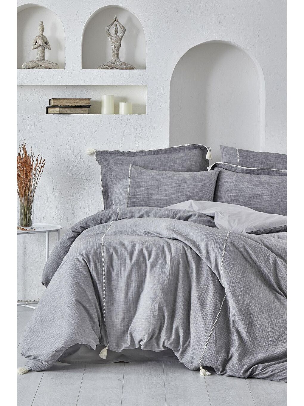 Doğa Çift Kişilik Nevresim Takımı %100 Organik Pamuk Müslin Gri 200x220 Cm