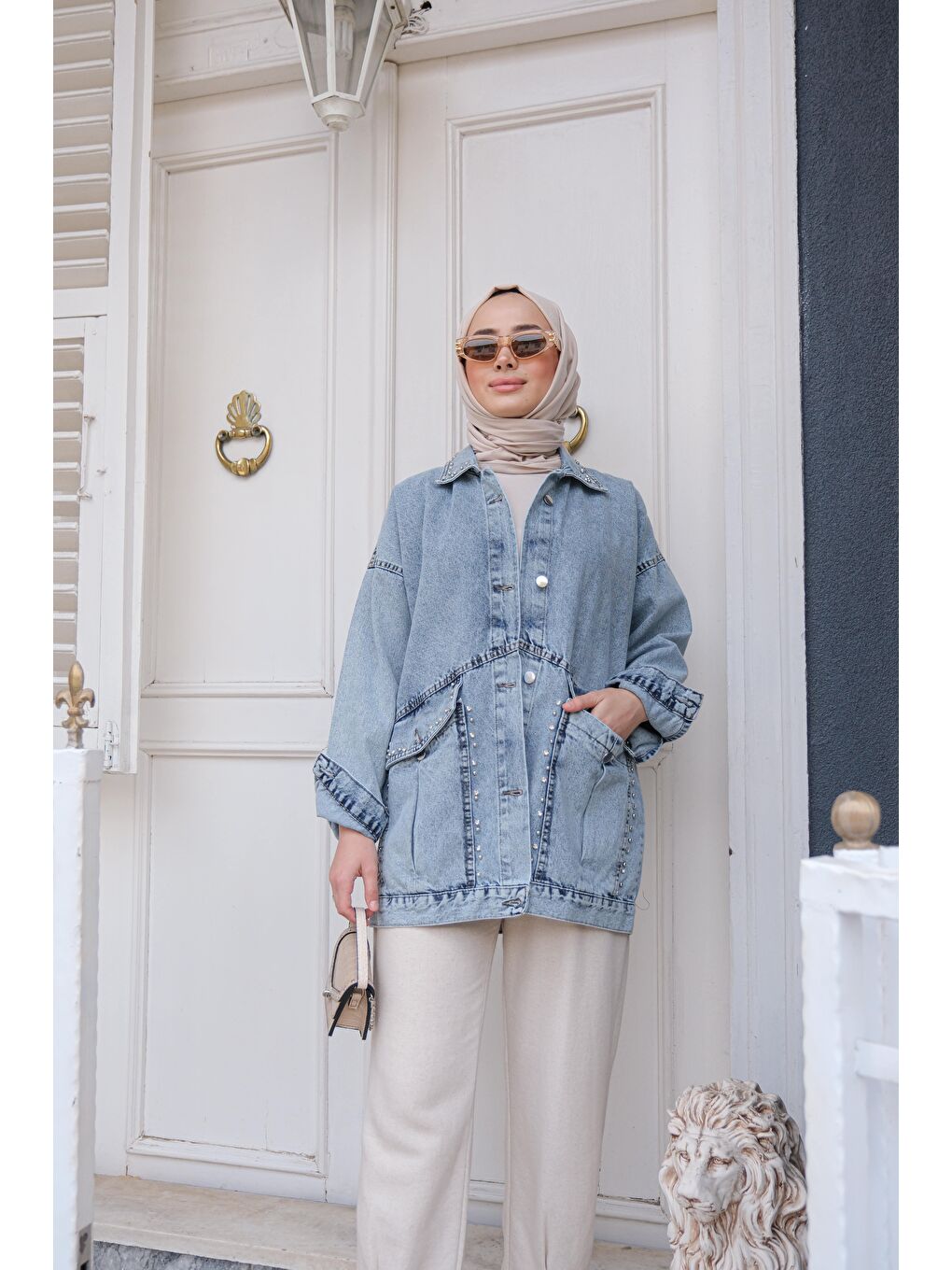 Çift Cepli Kadın Jean Ceket Mavi