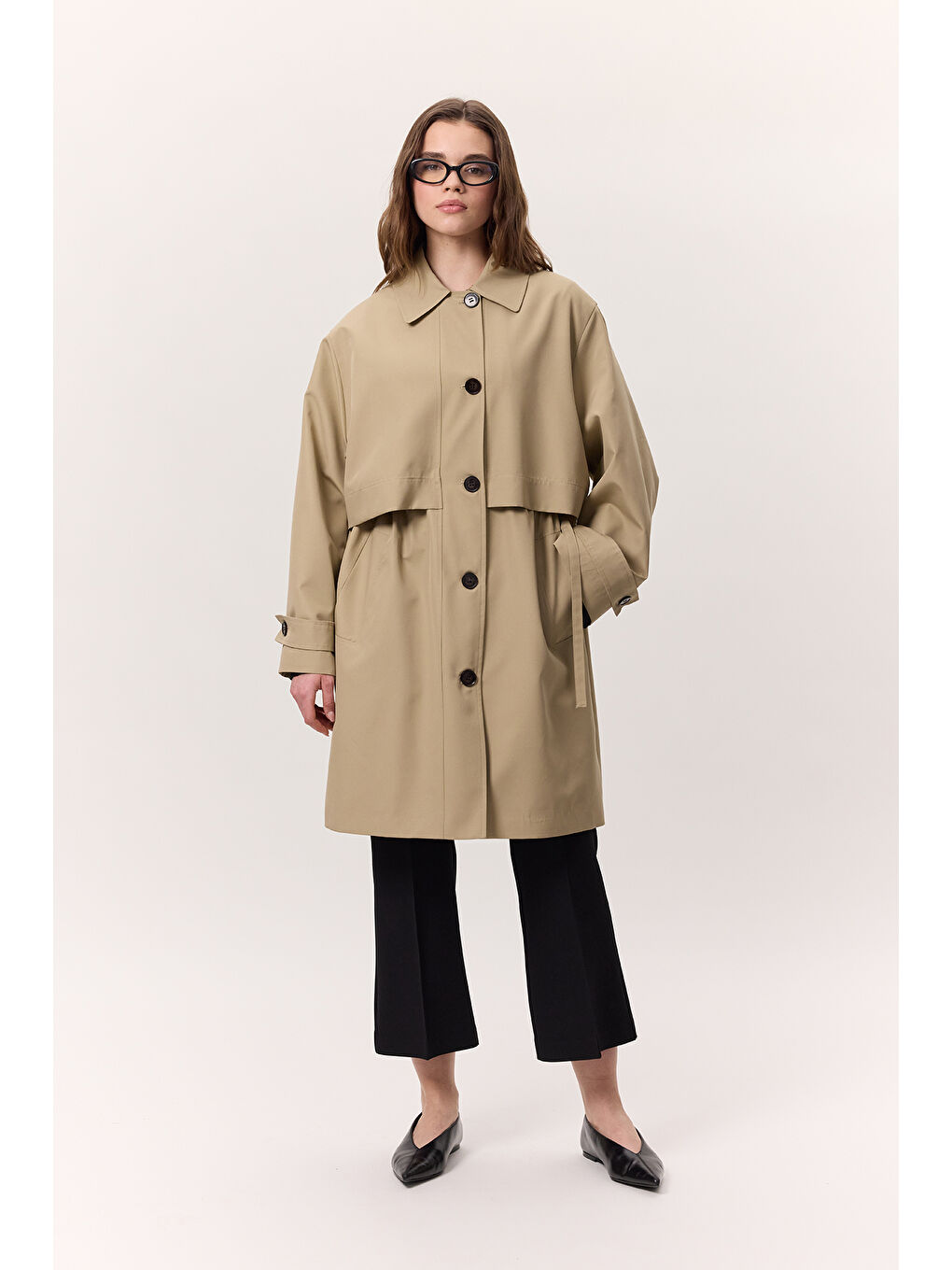 Bej Bel Ayarlamalı Hafif Trençkot Taş-3
