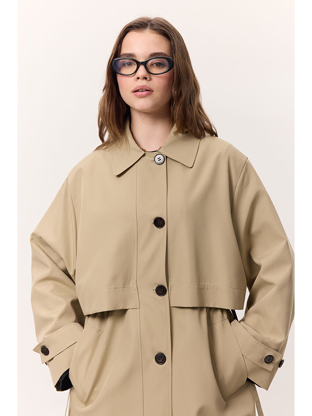 Bej Bel Ayarlamalı Hafif Trençkot Taş-4
