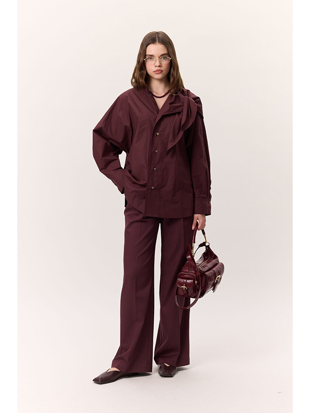 Bağlamalı Detaylı Tasarım Gömlek Bordo-1