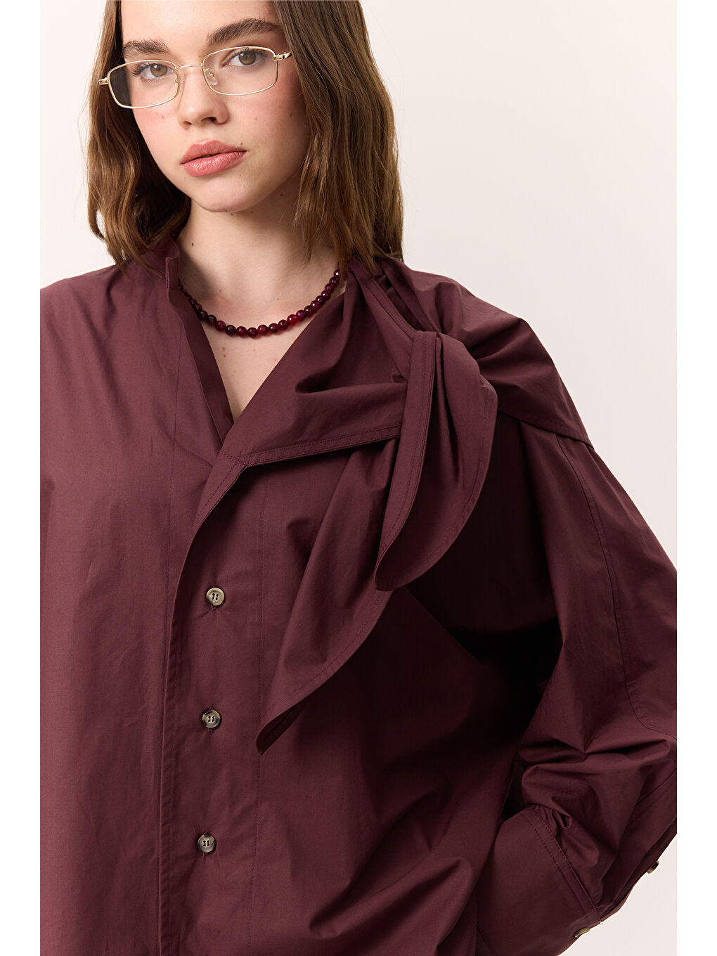 Bağlamalı Detaylı Tasarım Gömlek Bordo-2