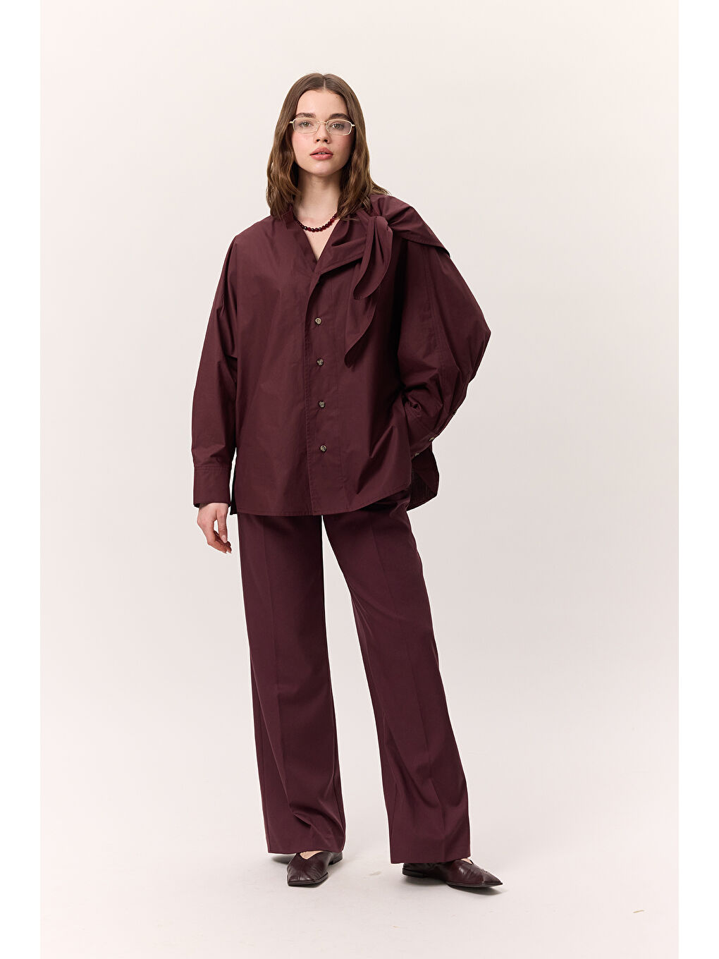 Bağlamalı Detaylı Tasarım Gömlek Bordo-3