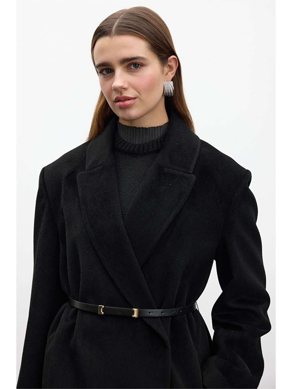 Kemerli Uzun Kaşe Kaban Siyah-3