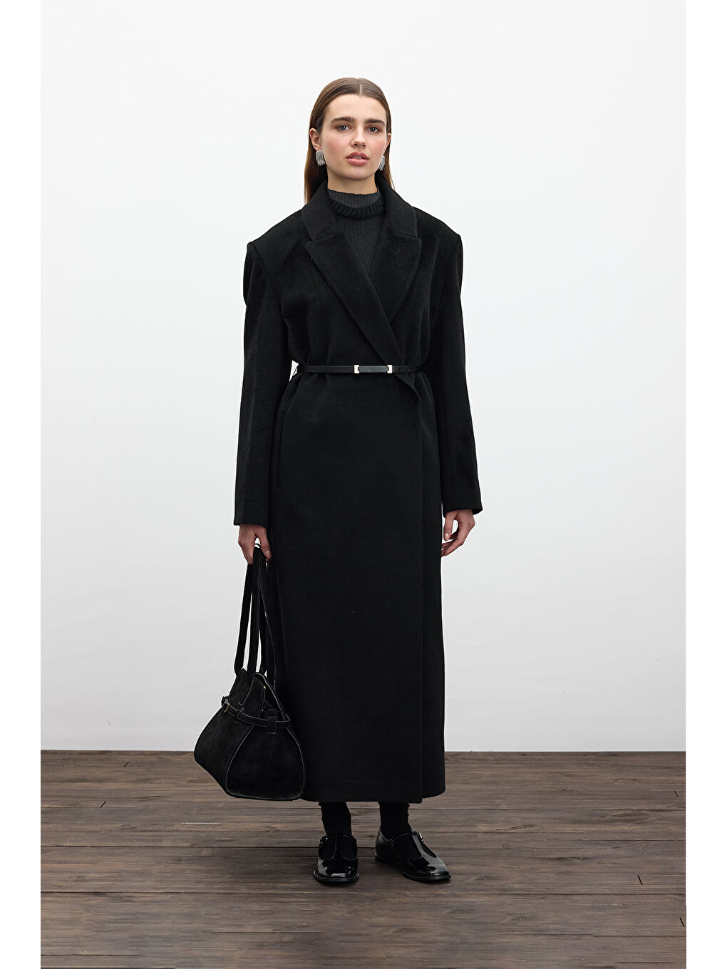 Kemerli Uzun Kaşe Kaban Siyah-4