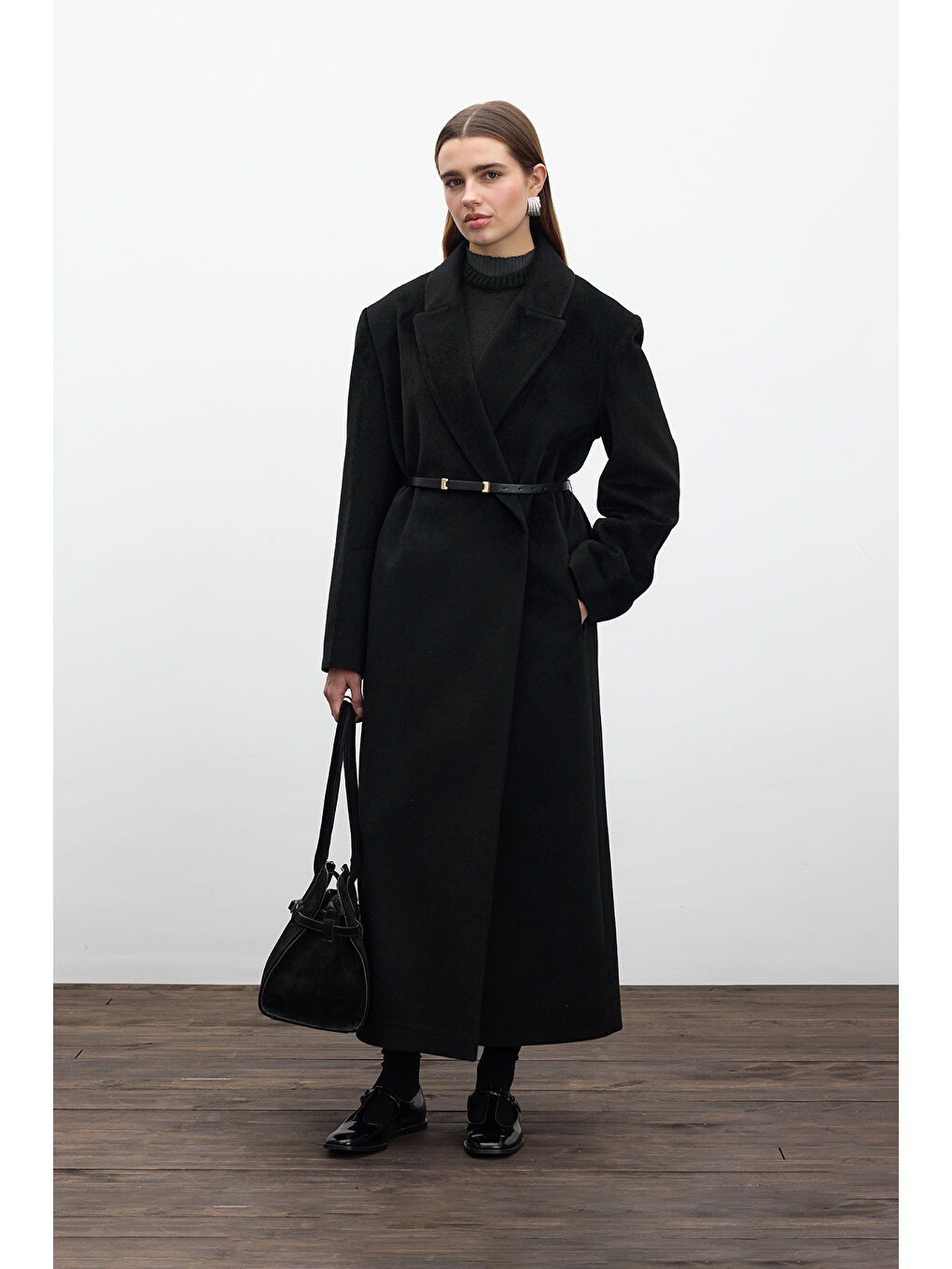 Kemerli Uzun Kaşe Kaban Siyah-5