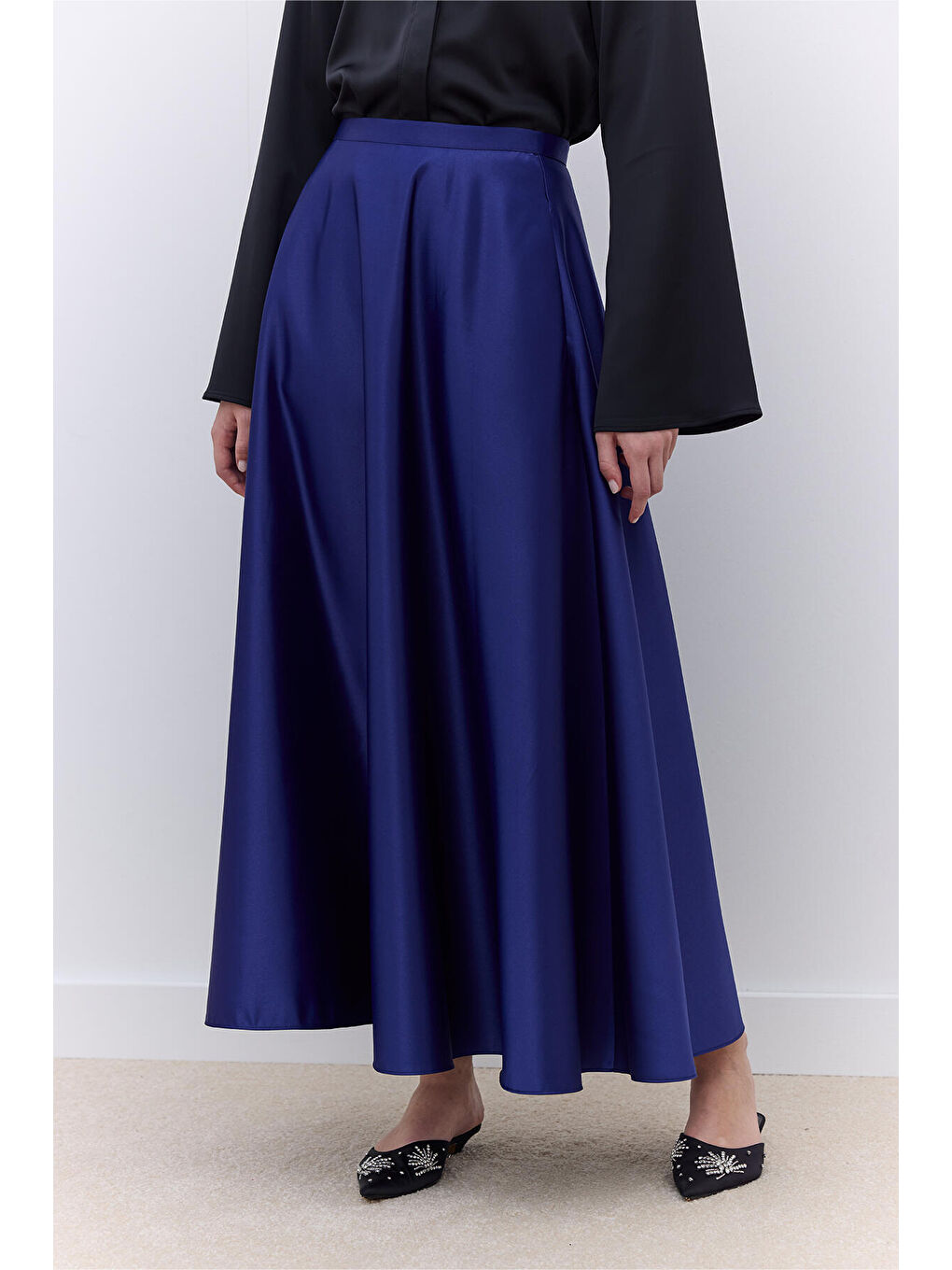 Saten Kloş Abiye Etek Lacivert-1
