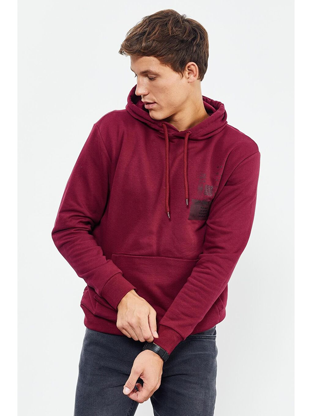 TOMMYLIFE Bordo Erguvan Ön Ve Sırt Baskılı Kapüşonlu Rahat Form Erkek Sweatshirt - 88017