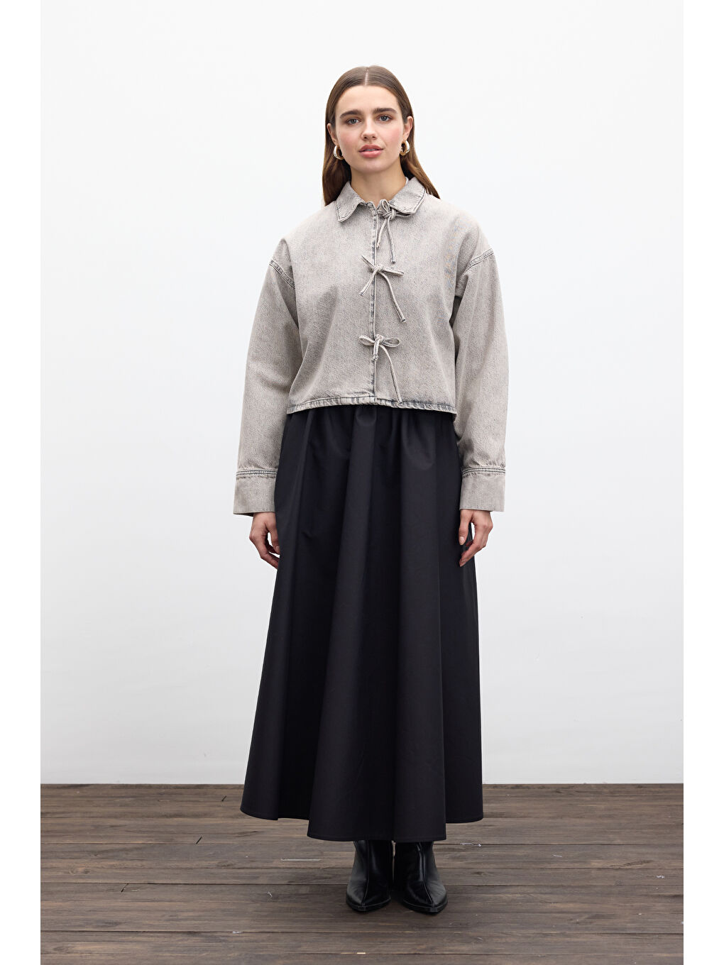 Bağcıklı Denim Bluz Antrasit-2