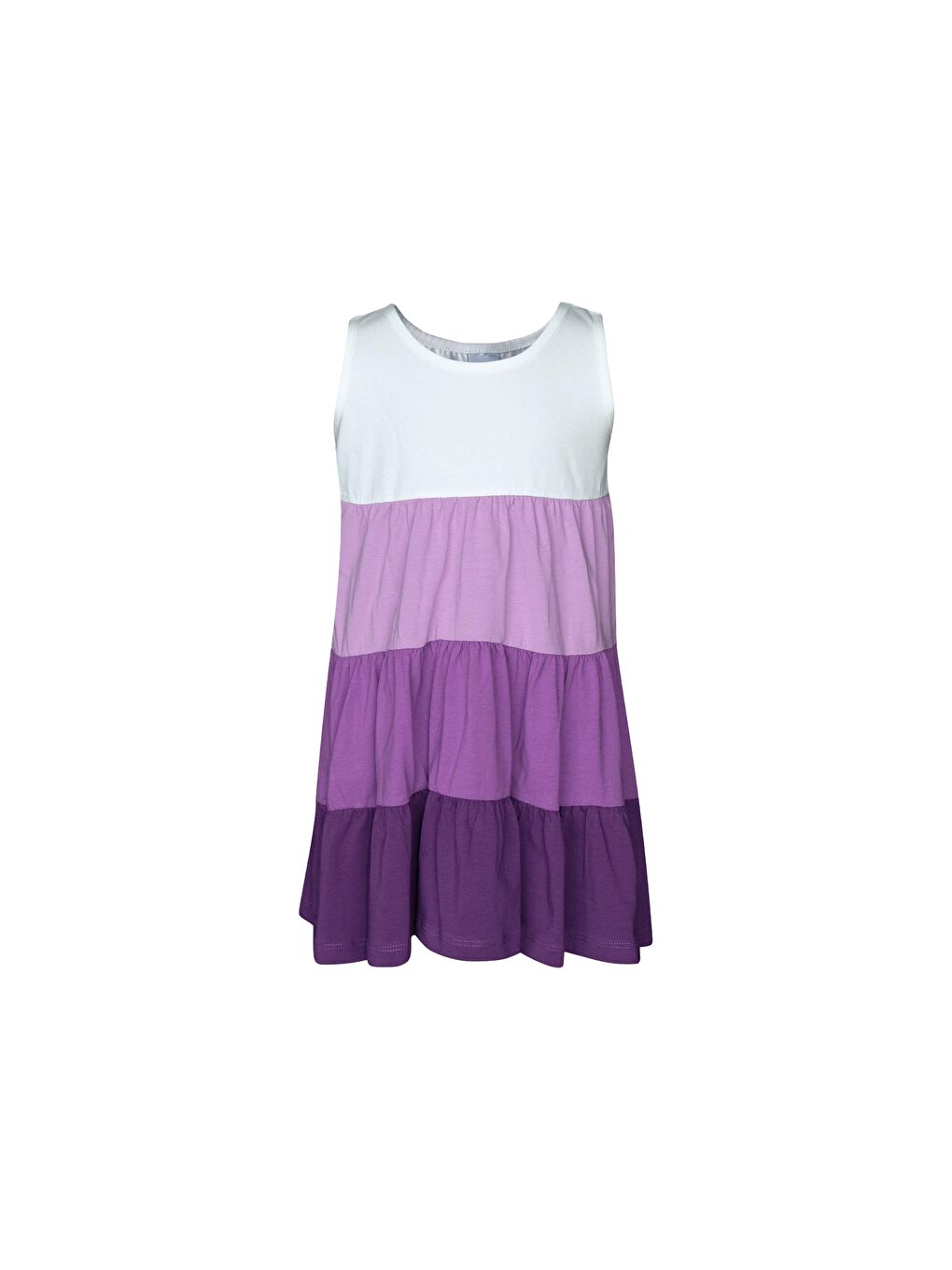 Karışık Ekru-Mor Kız Çocuk Renkli Kat Kat Büzgülü Askılı Elbise