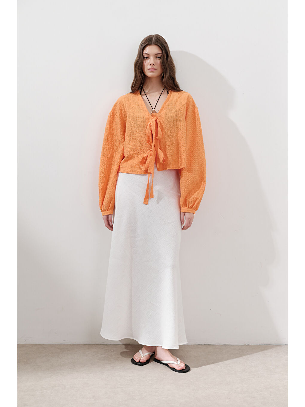 Dokulu Bağcıklı Bluz Turuncu