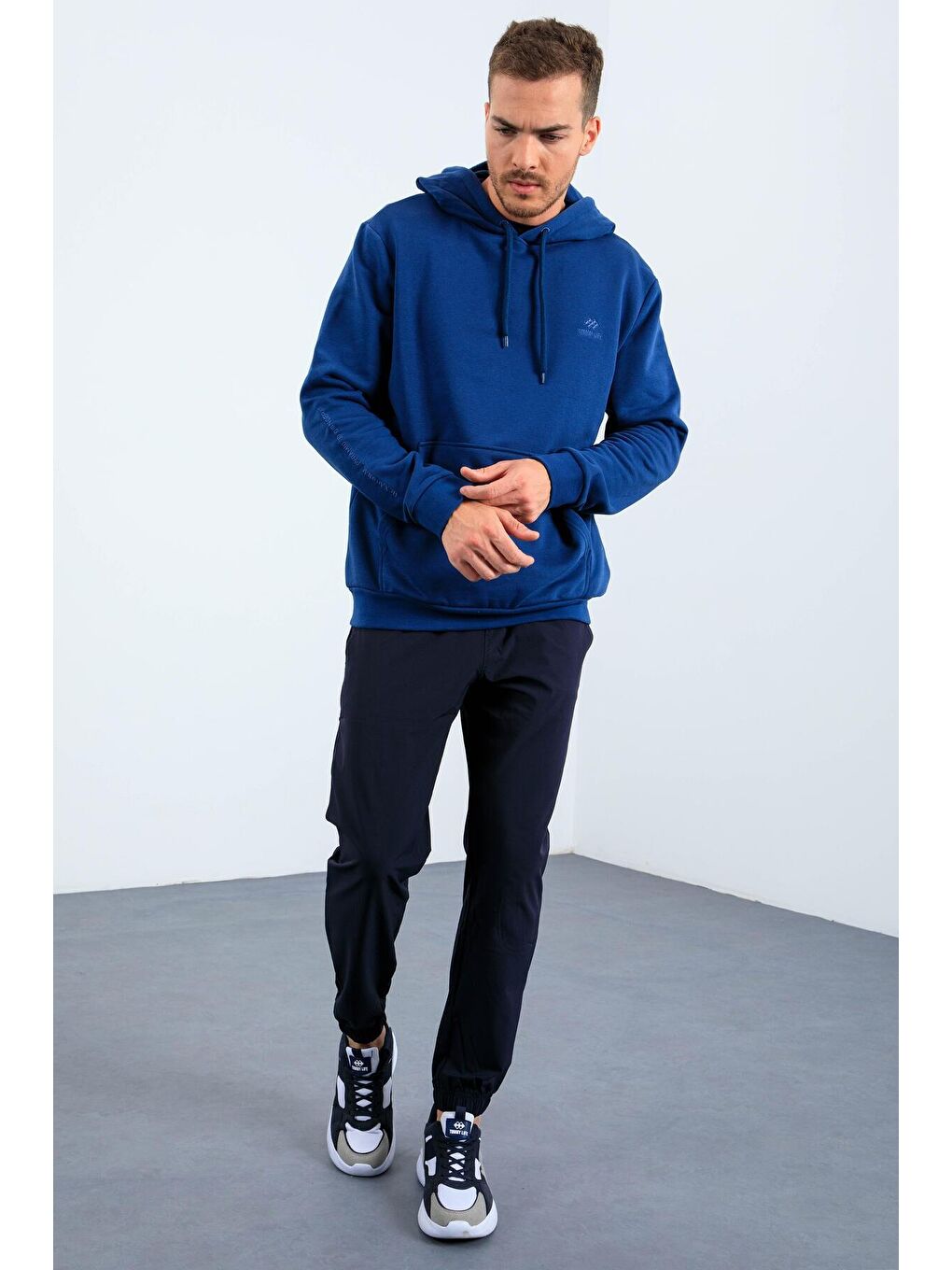 İndigo Kanguru Cep Kapüşonlu Rahat Form Erkek Sweatshirt - 88013-1